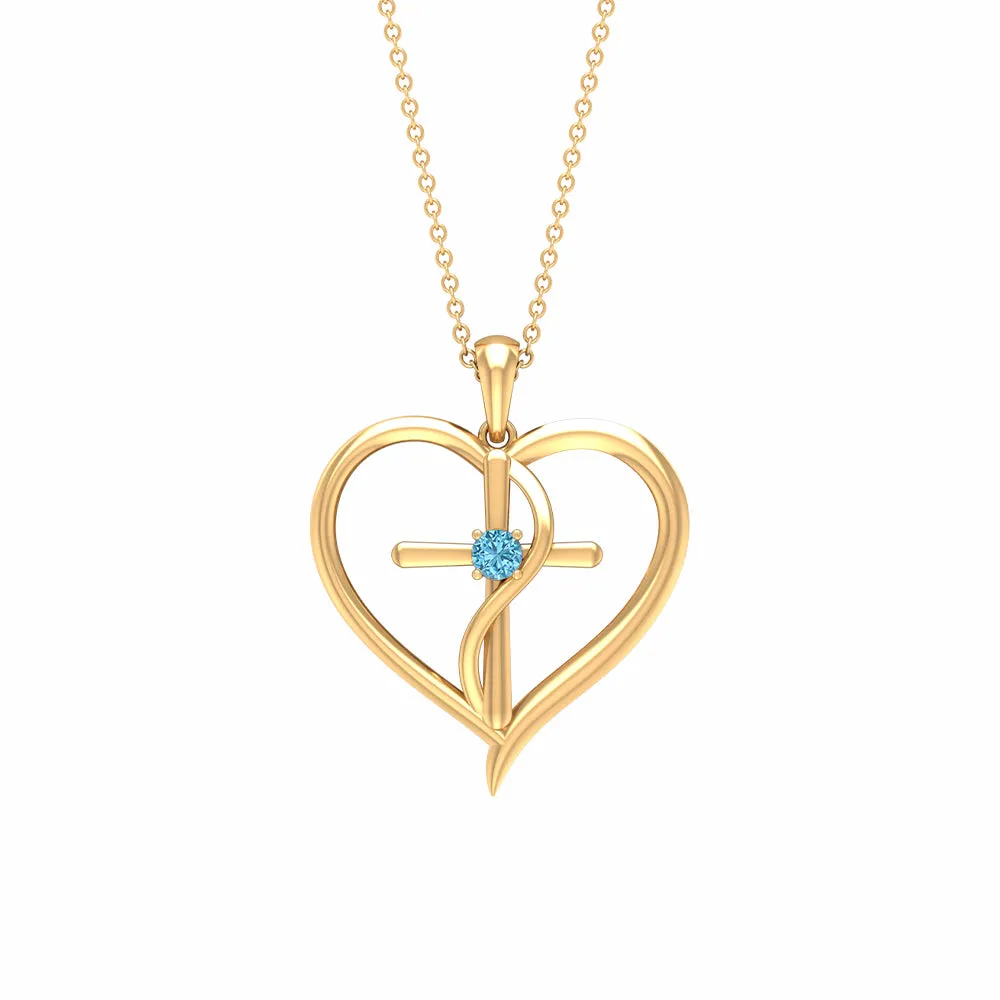 0.25 CT Aquamarine Cross Heart Pendant Necklace in Prong Setting