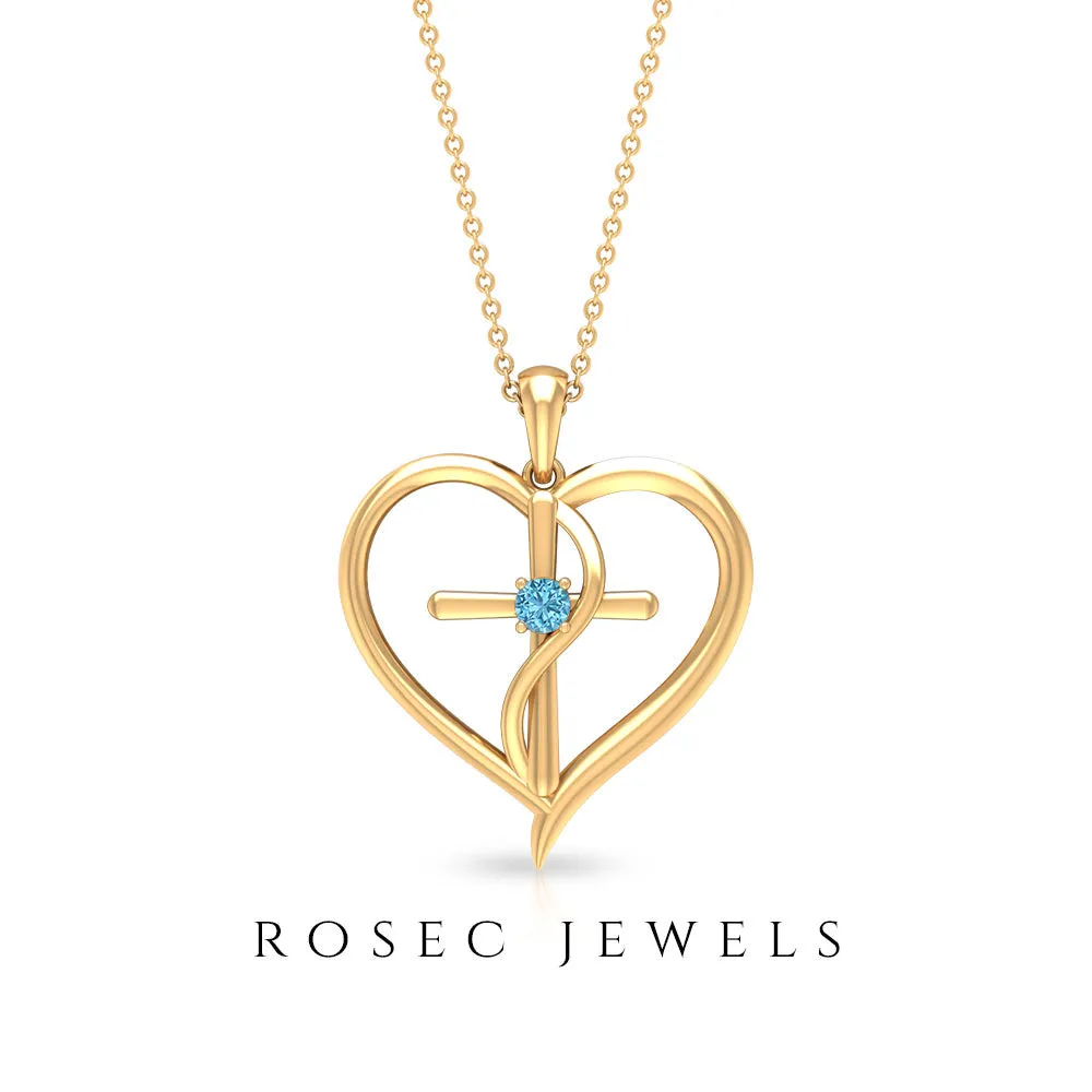 0.25 CT Aquamarine Cross Heart Pendant Necklace in Prong Setting
