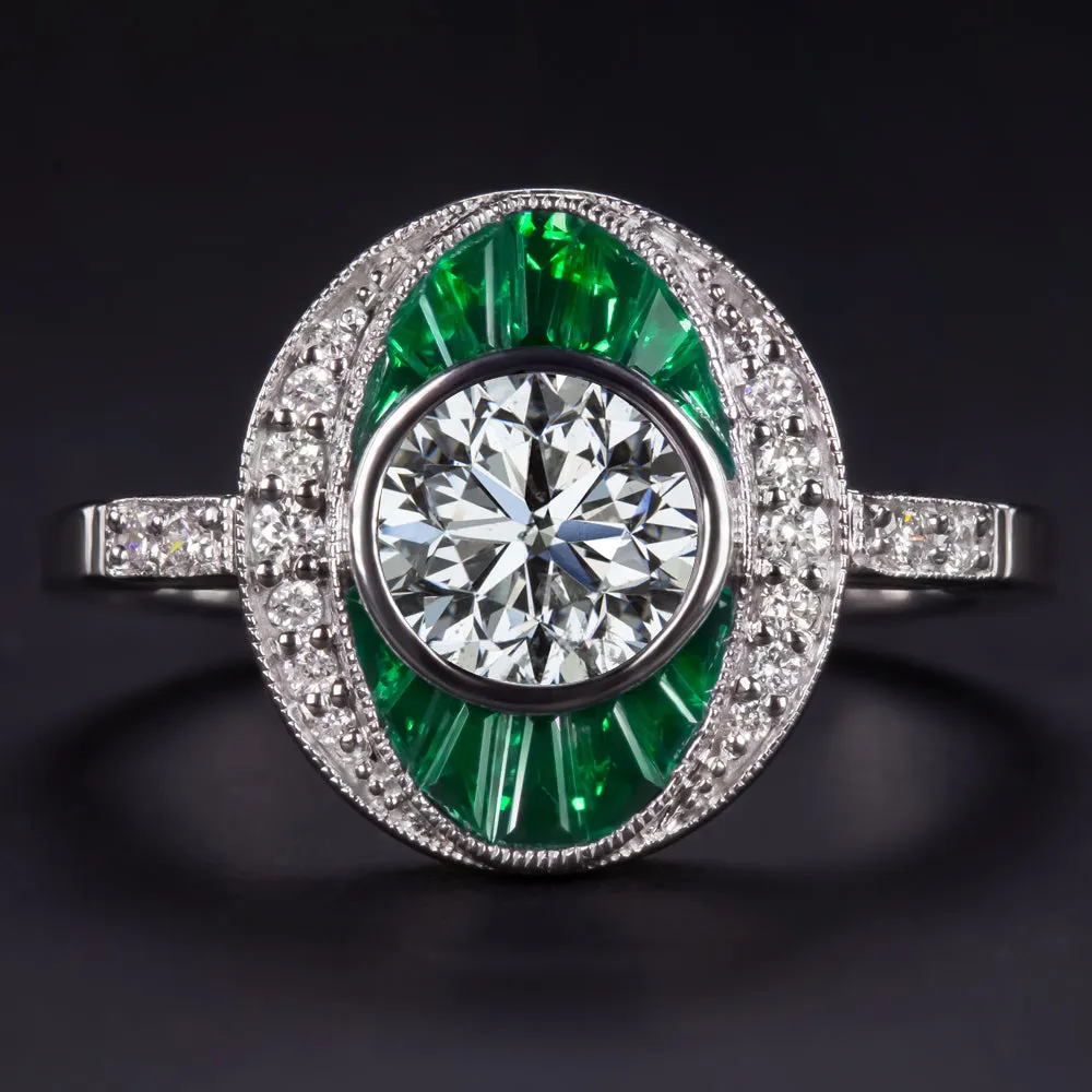 1ct GIA CERTIFIED DIAMOND EMERALD COCKTAIL RING VINTAGE STYLE 14k WHITE GOLD