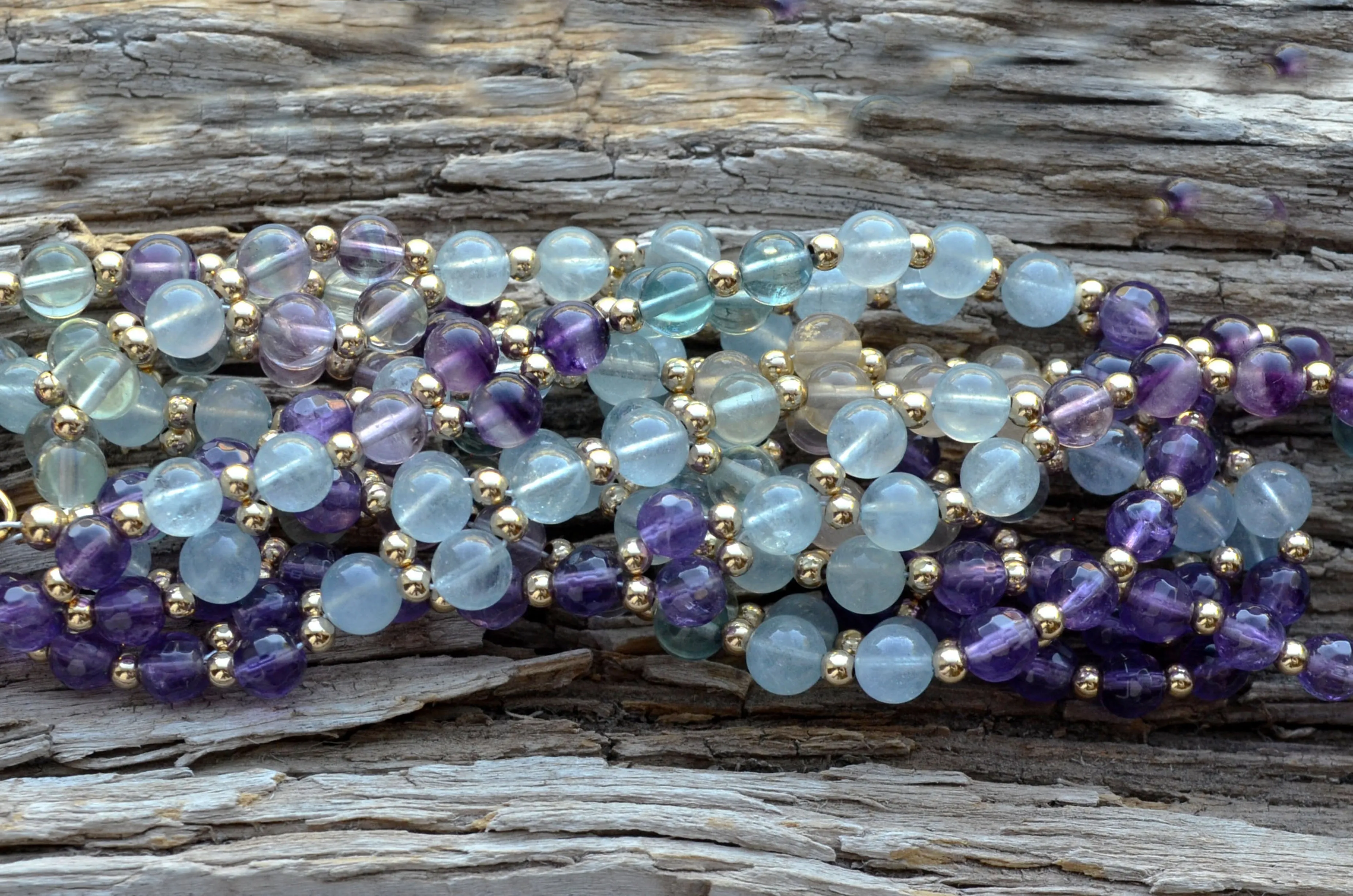 6mm Rainbow Fluorite, Aquamarine, Amethyst with Gold Fill