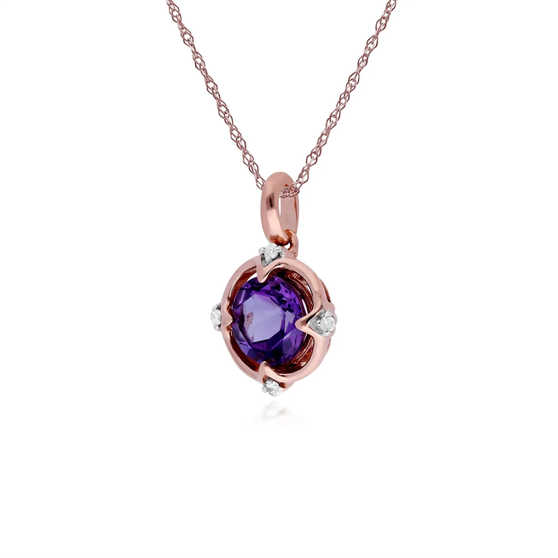 Amethyst Anhänger, 9 Karat Rosegold Halo Amethyst & Diamant Rund Schliff Anhänger auf 45cm Kette