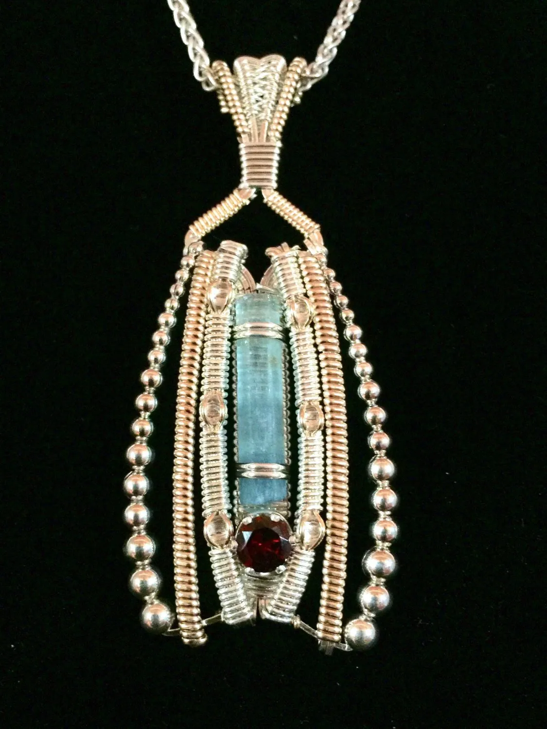 Aqua, Garnet and Topaz Beaded Amulet