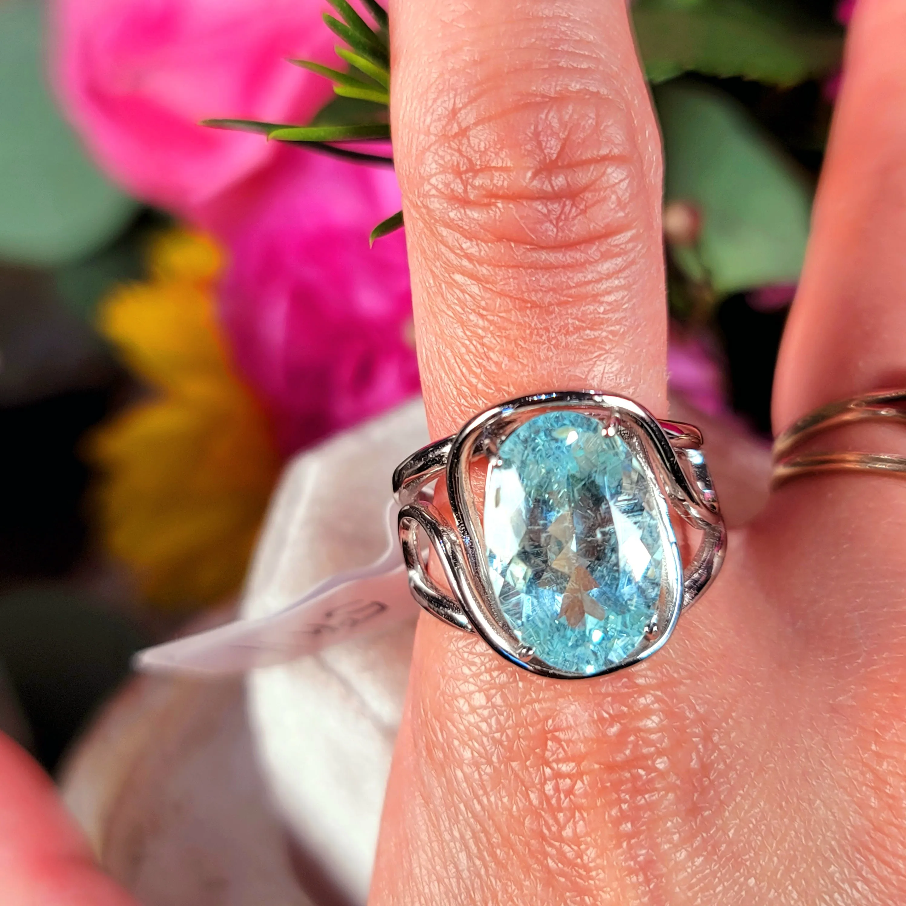 Aquamarine & Rutile Finger Cuff Adjustable Ring .925 Silver for Improved Communication and Peace
