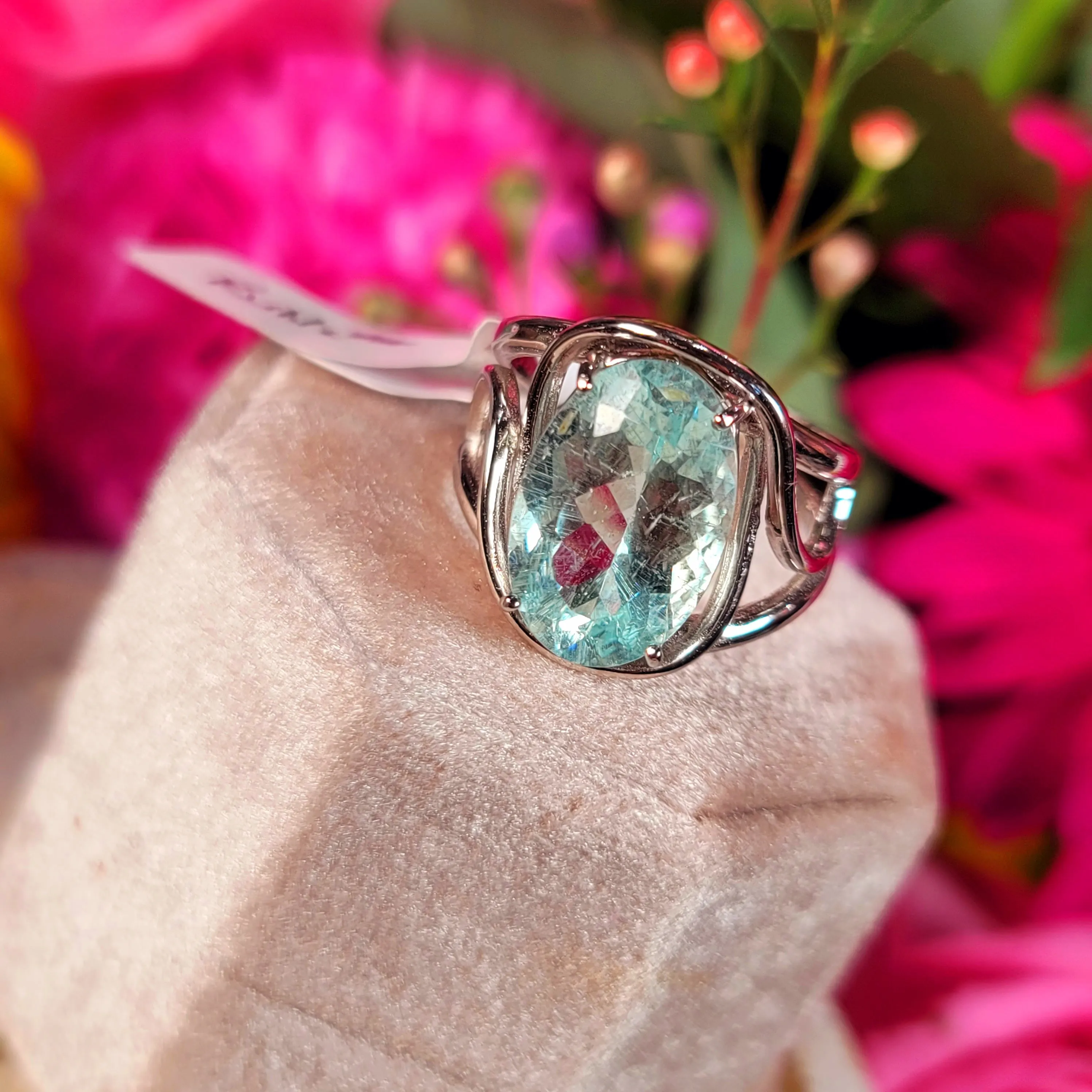 Aquamarine & Rutile Finger Cuff Adjustable Ring .925 Silver for Improved Communication and Peace