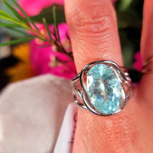 Aquamarine & Rutile Finger Cuff Adjustable Ring .925 Silver for Improved Communication and Peace