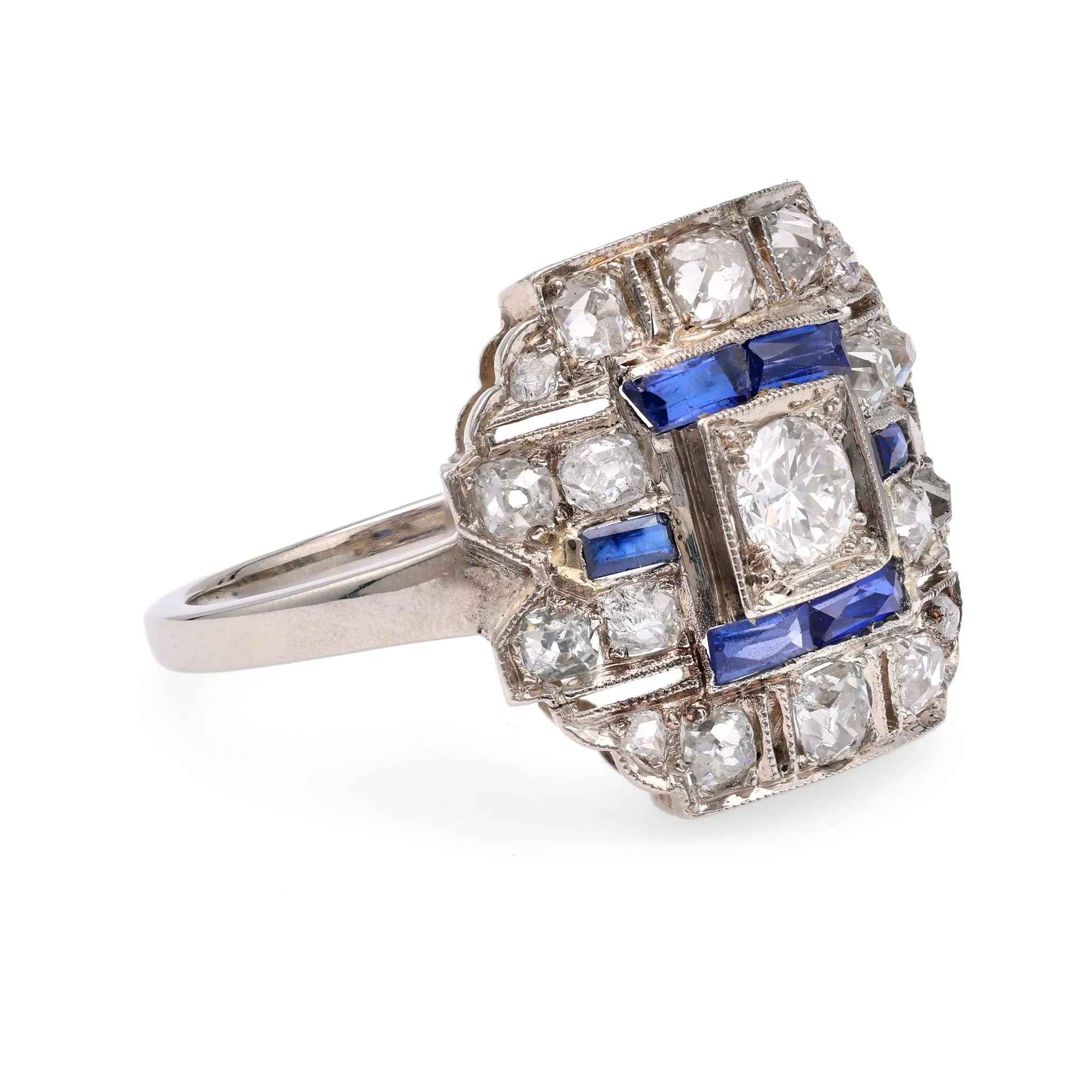 Art Deco Diamond Sapphire White Gold Ring