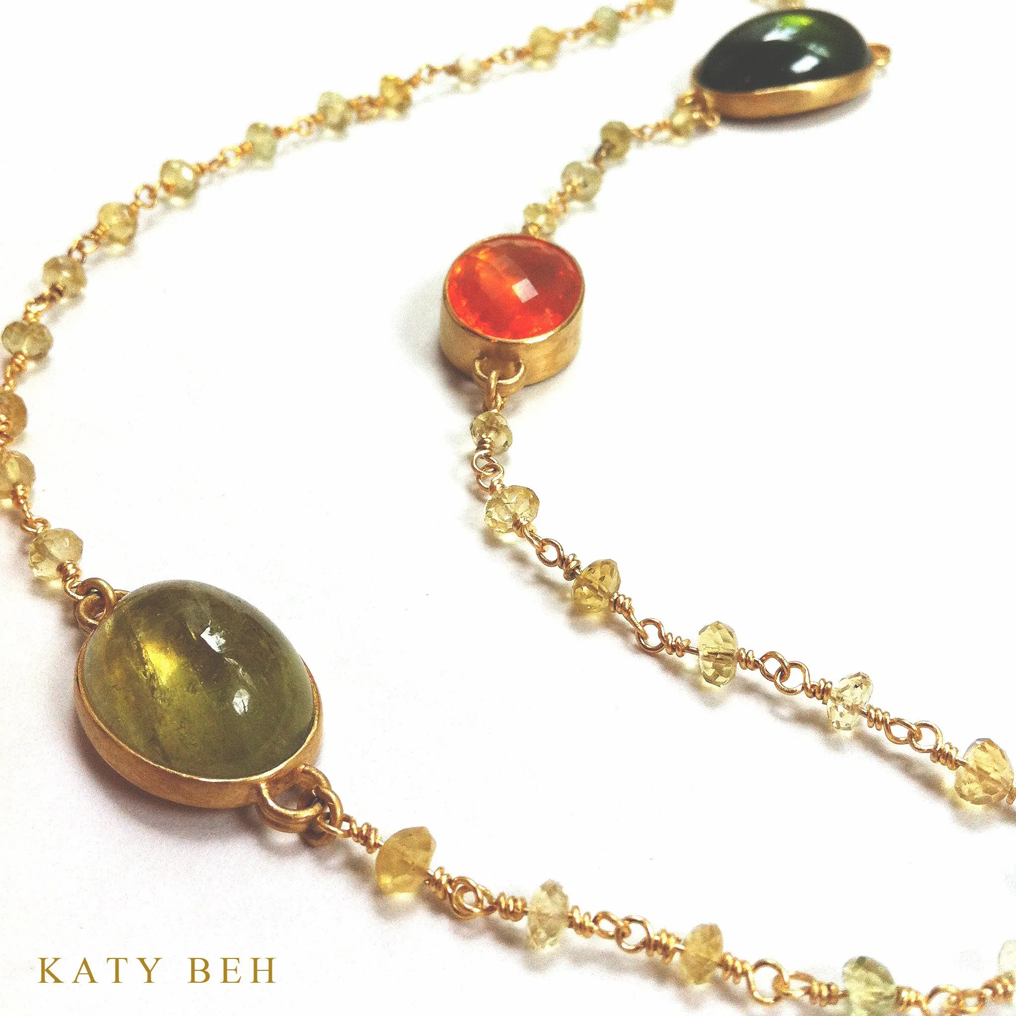 Beryl Necklace with Mexican Fire Opal, Chartreuse Aqua, Vesuvianite