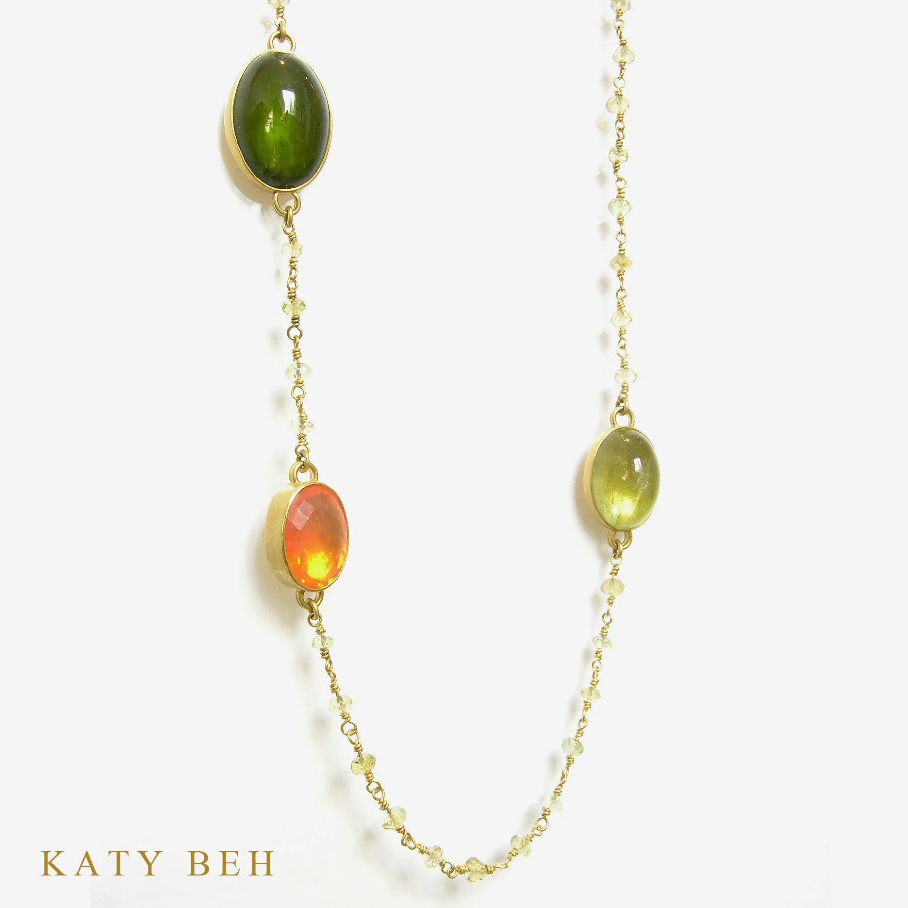 Beryl Necklace with Mexican Fire Opal, Chartreuse Aqua, Vesuvianite