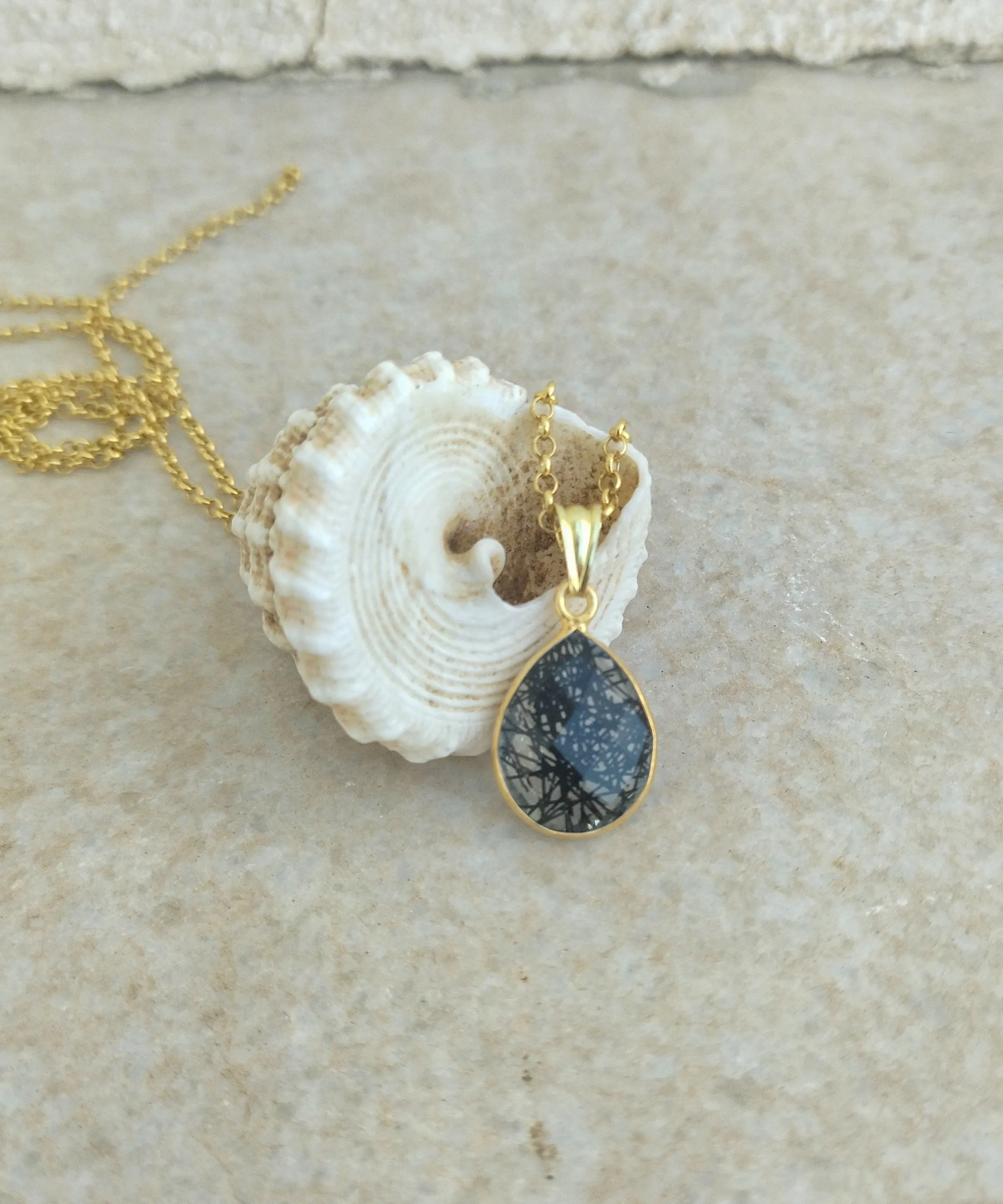 Black Rutile Quartz Necklace, Silver Teardrop Necklace
