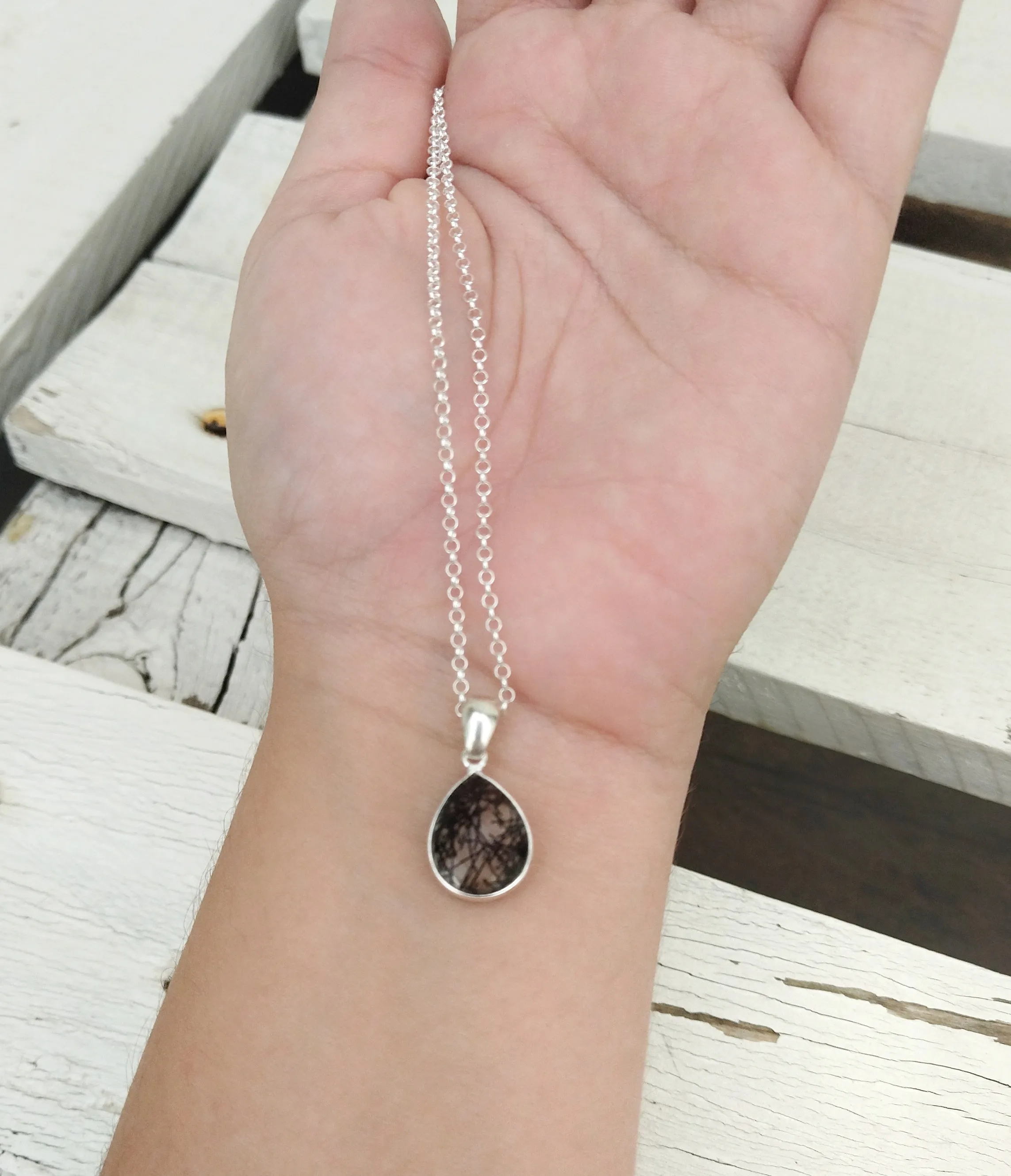 Black Rutile Quartz Necklace, Silver Teardrop Necklace