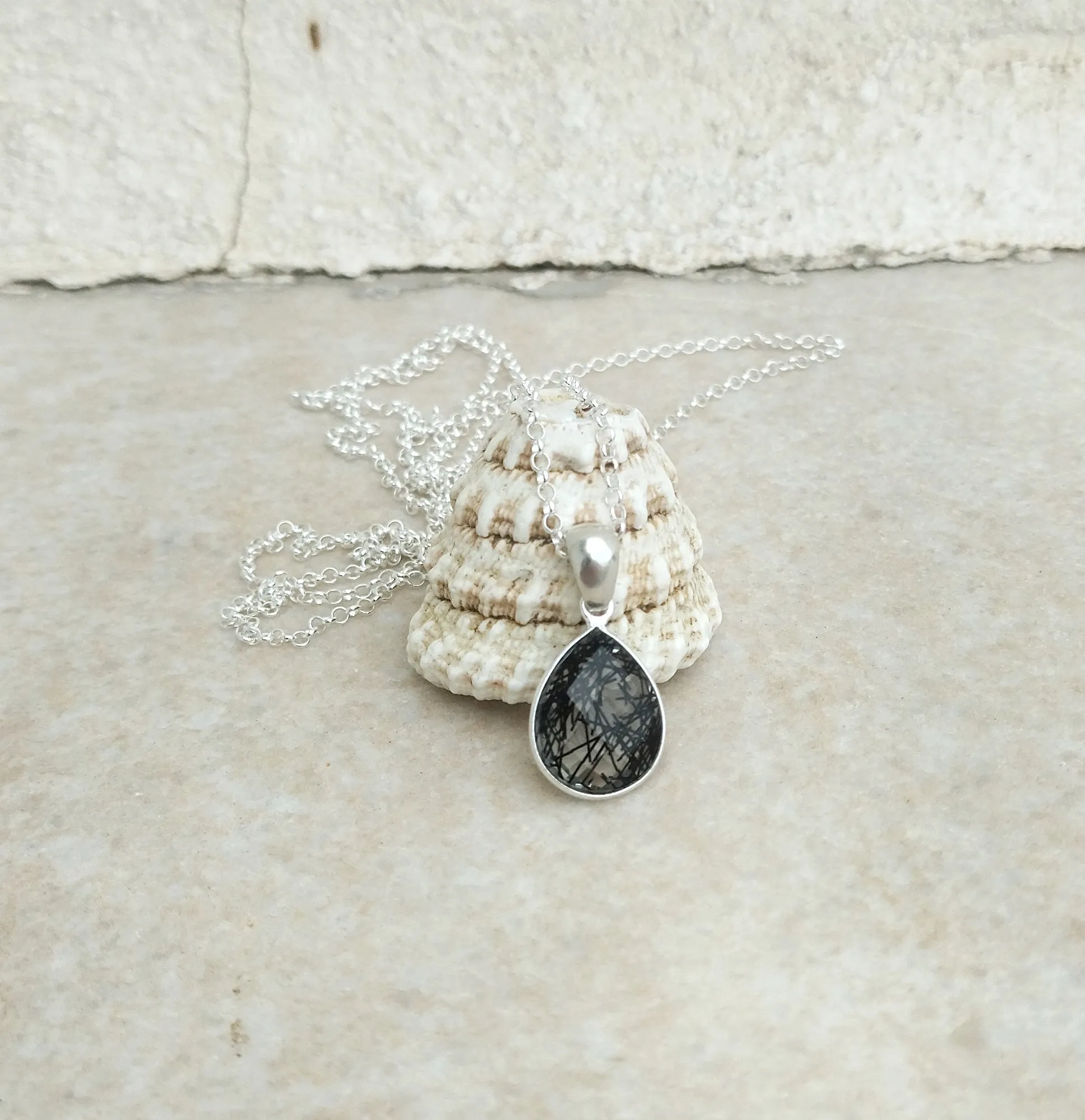 Black Rutile Quartz Necklace, Silver Teardrop Necklace