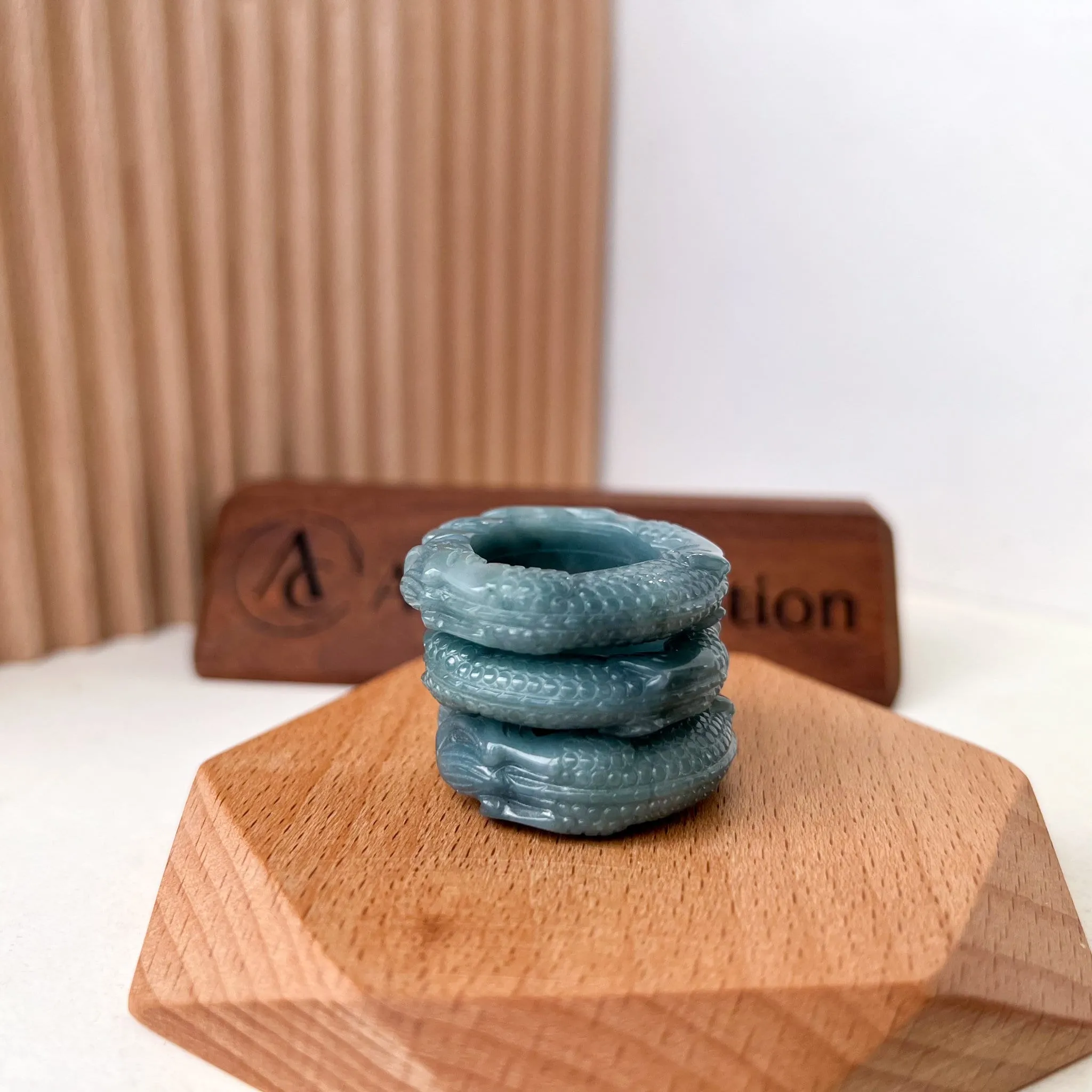 Blue Green Jadeite Jade Dragon Ring, 3D Detailed Carved Ring, Ring Size 10.5, WMC-0323-1700206692