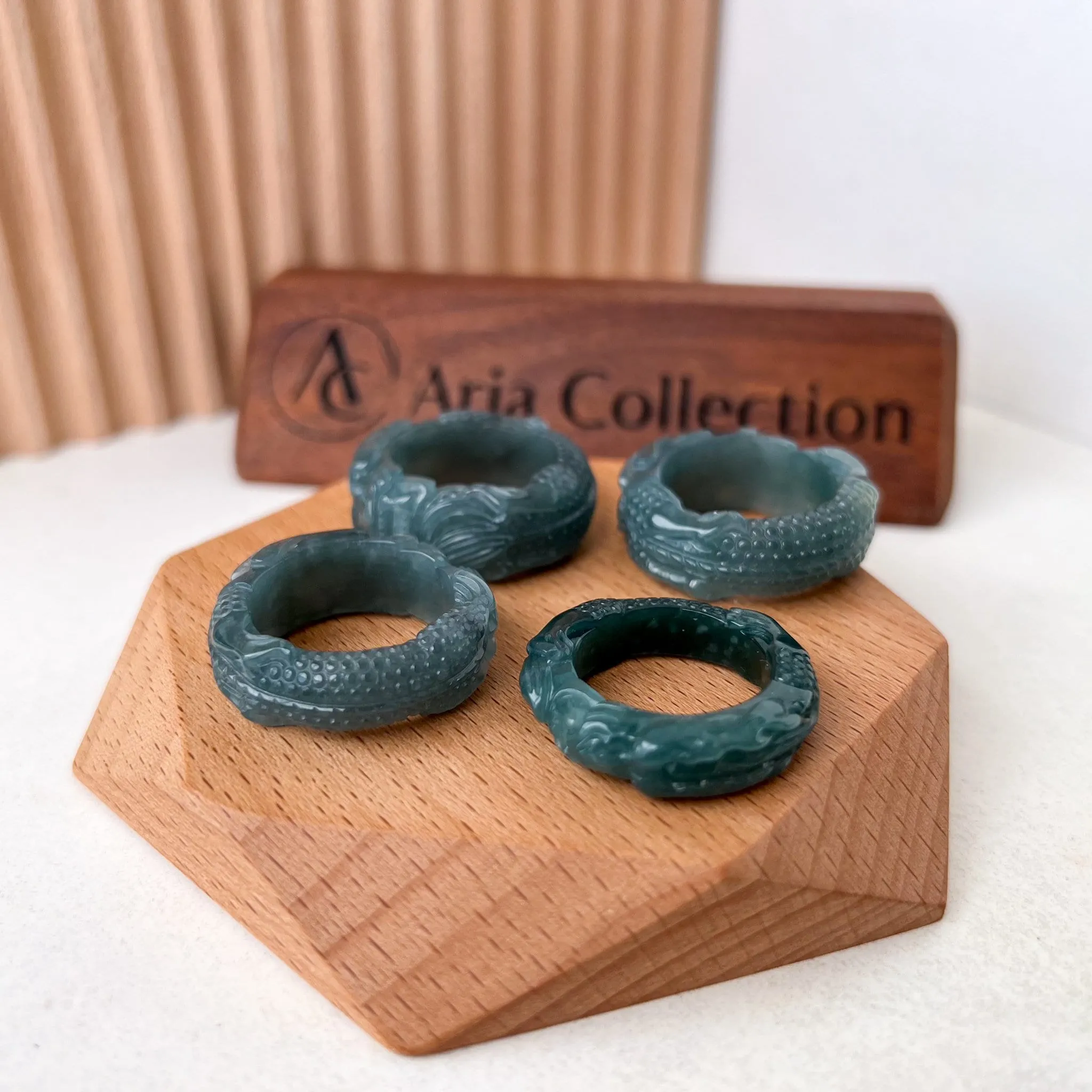 Blue Green Jadeite Jade Dragon Ring, 3D Detailed Carved Ring, WMC-0323-1700204432