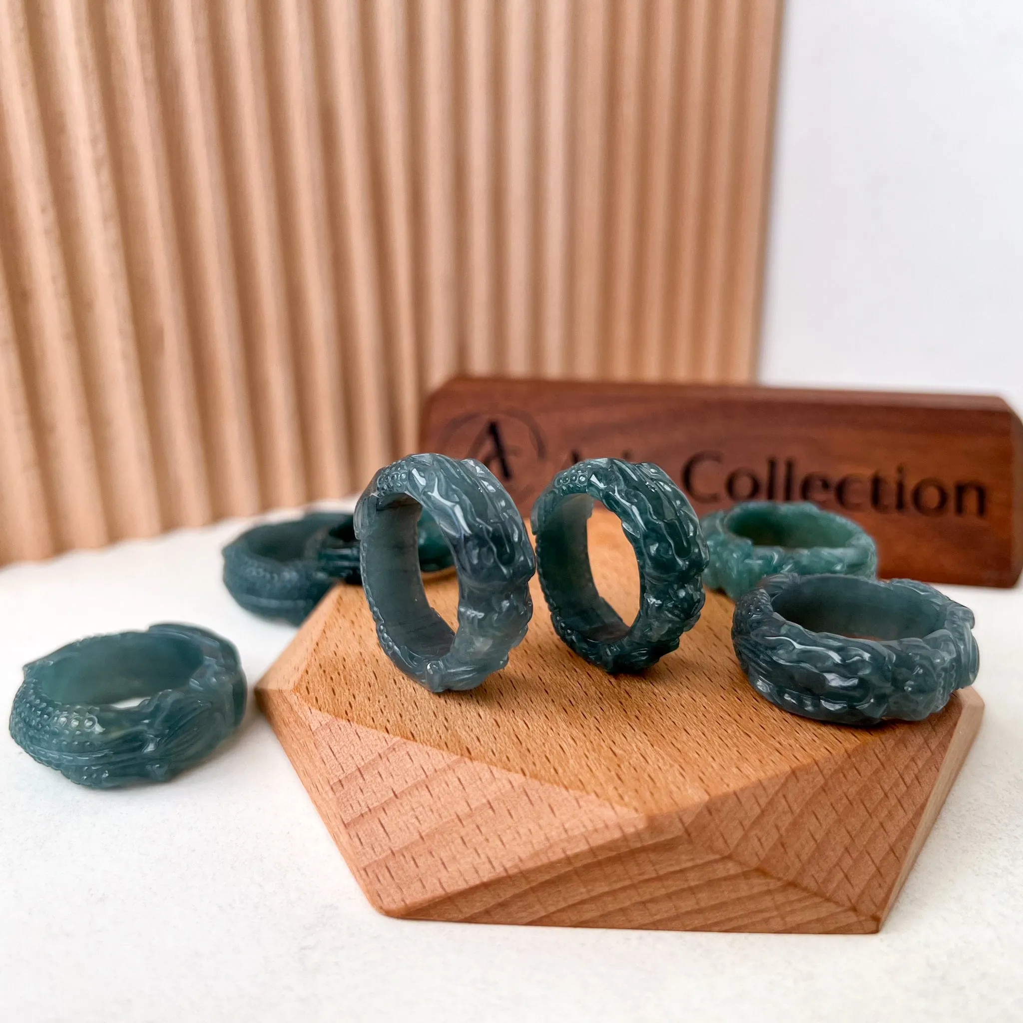 Blue Green Jadeite Jade Dragon Ring, 3D Detailed Carved Ring, WMC-0323-1700204432