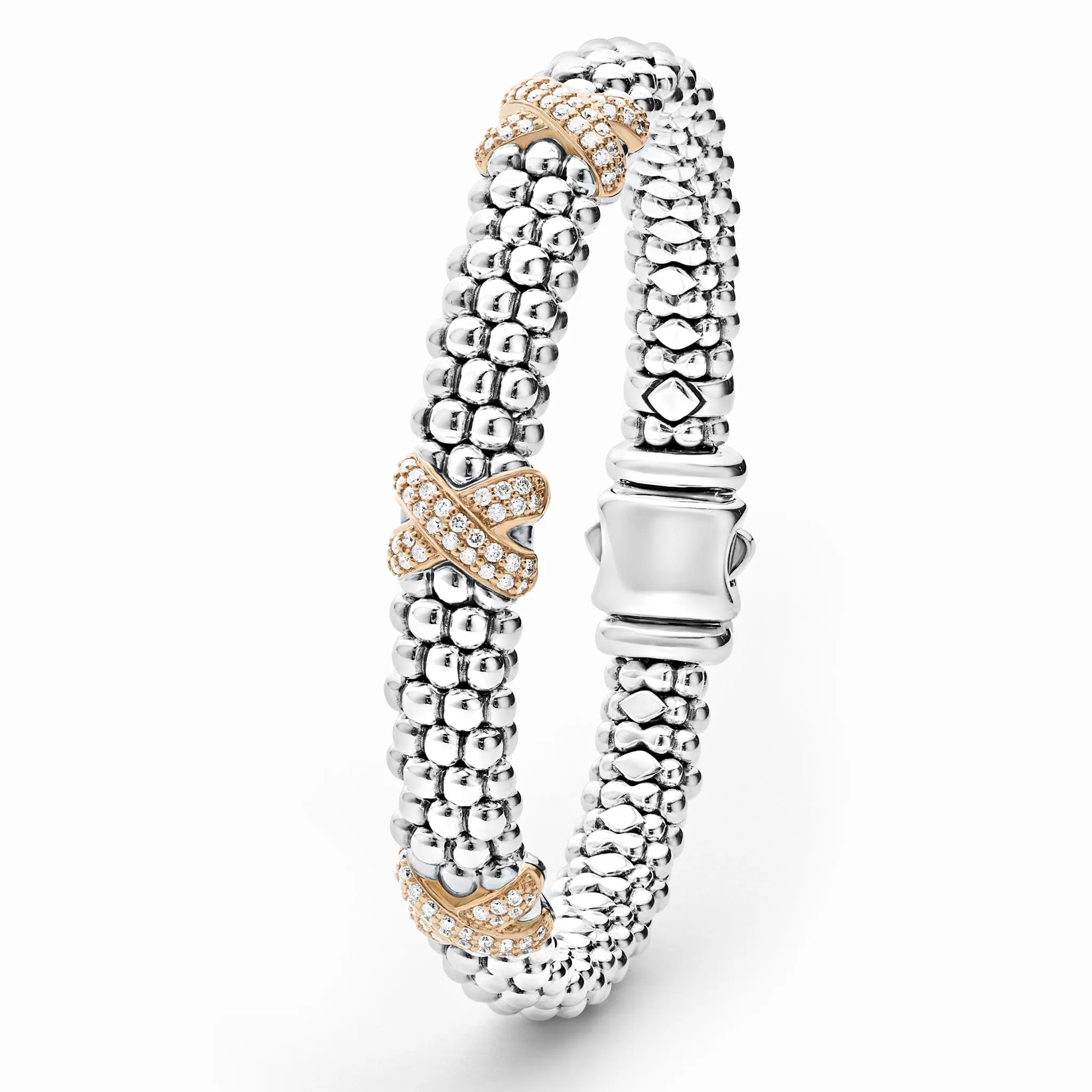 Caviar Lux 9mm Three Station X Rose Gold Diamond Bracelet