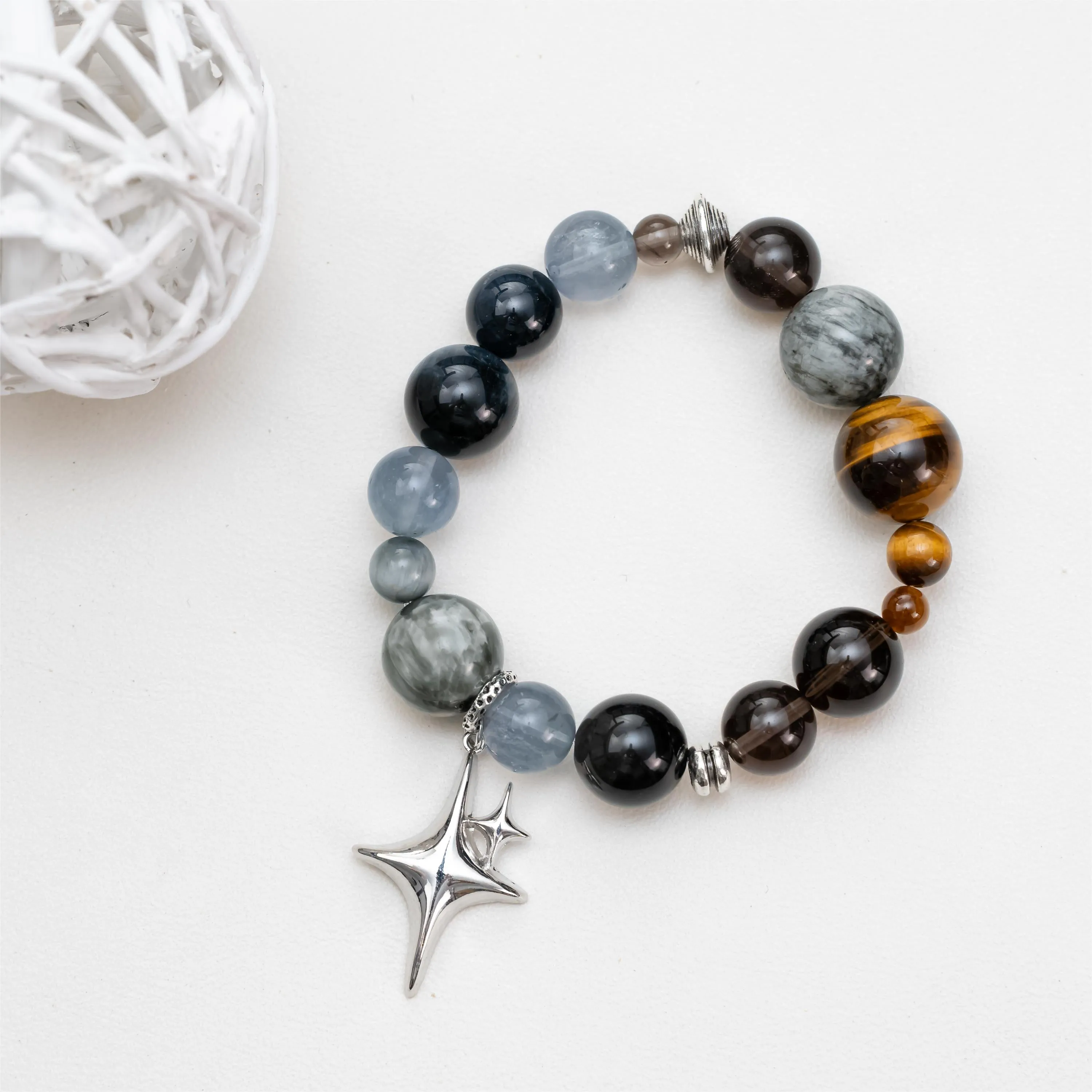 Eagle & Tiger's Eye with Blue Fluorite Silver Star Bracelet
