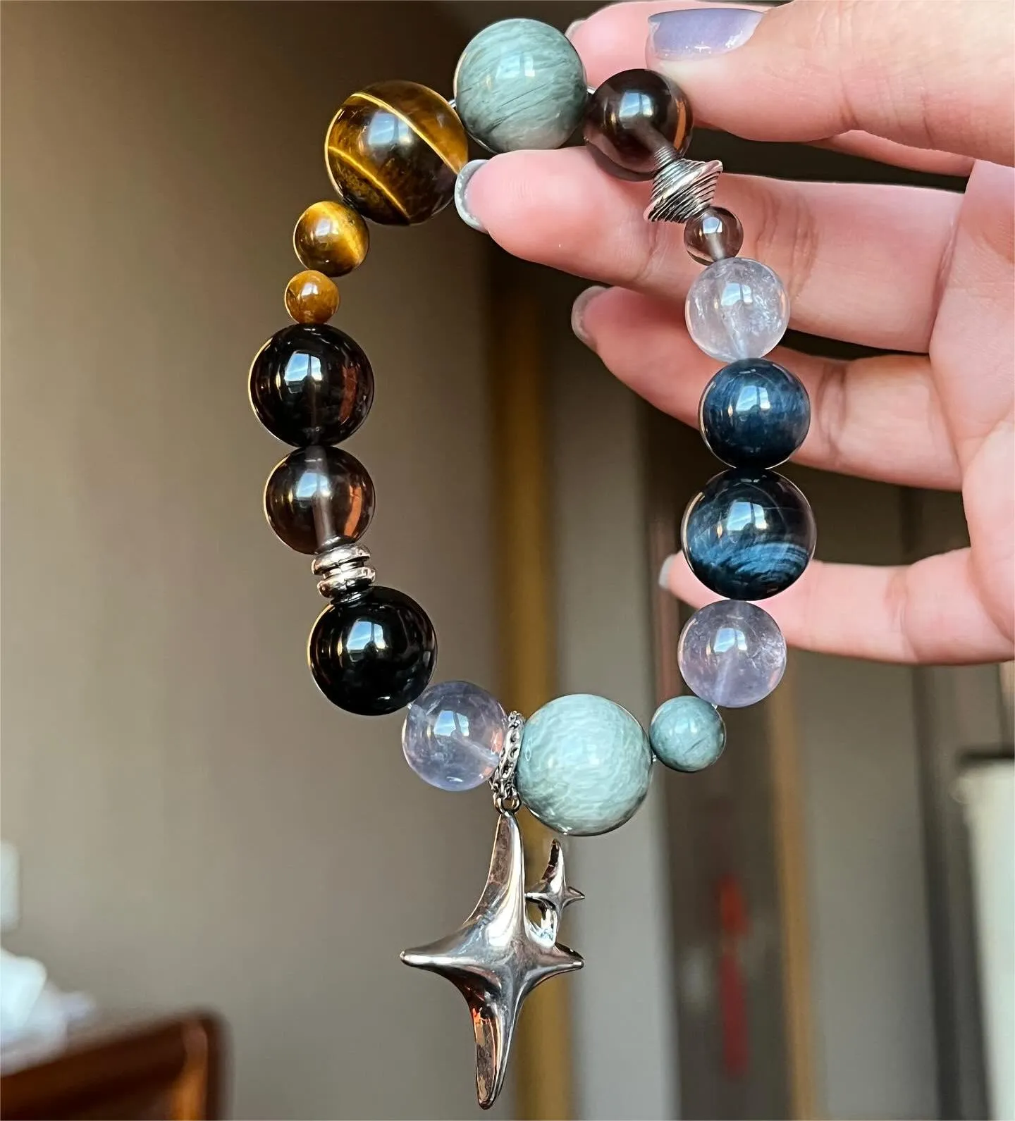 Eagle & Tiger's Eye with Blue Fluorite Silver Star Bracelet