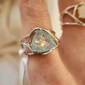 Flashy Aquamarine Finger Cuff Adjustable Ring .925 Sterling Silver for Improving Communication and Healing