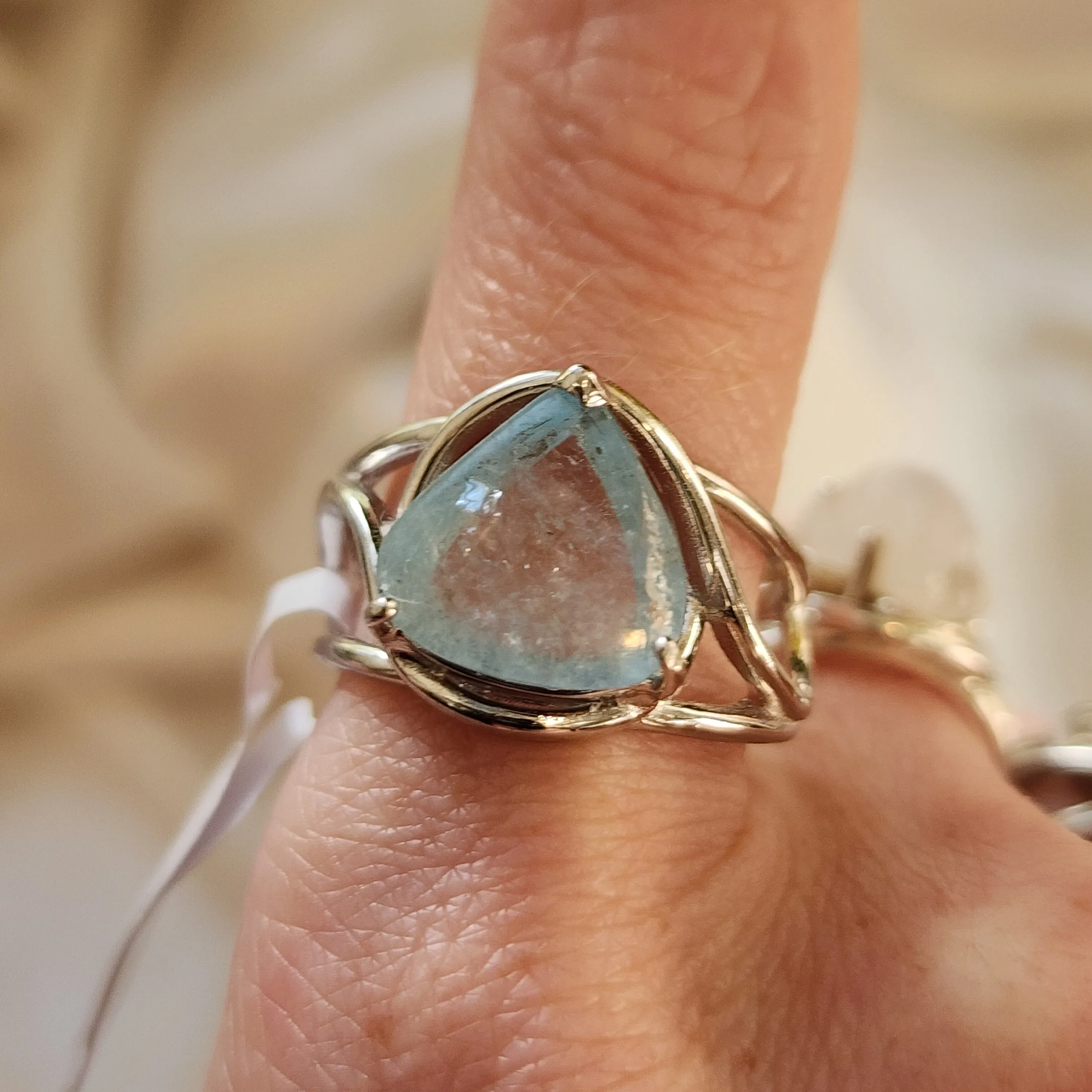 Flashy Aquamarine Finger Cuff Adjustable Ring .925 Sterling Silver for Improving Communication and Healing