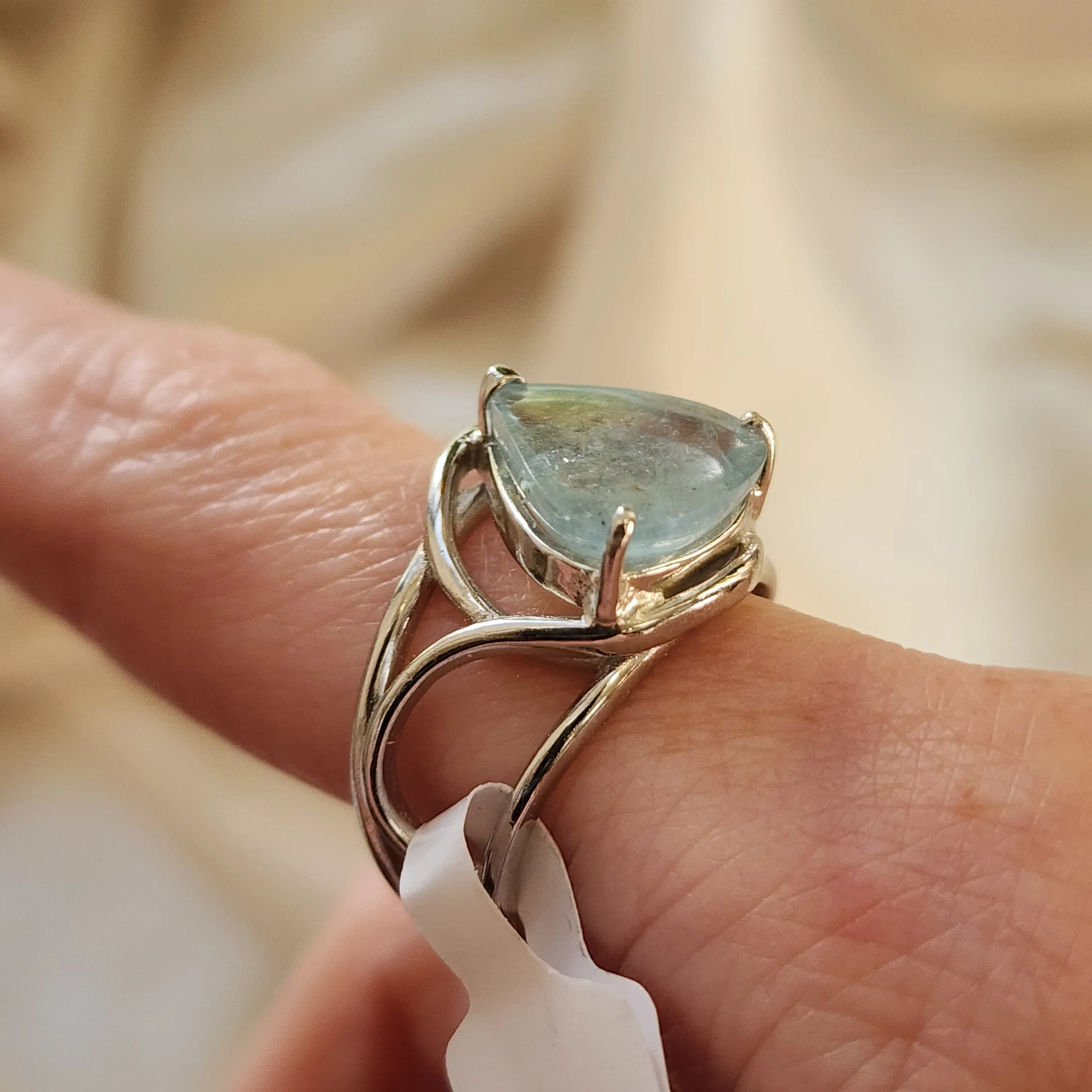 Flashy Aquamarine Finger Cuff Adjustable Ring .925 Sterling Silver for Improving Communication and Healing