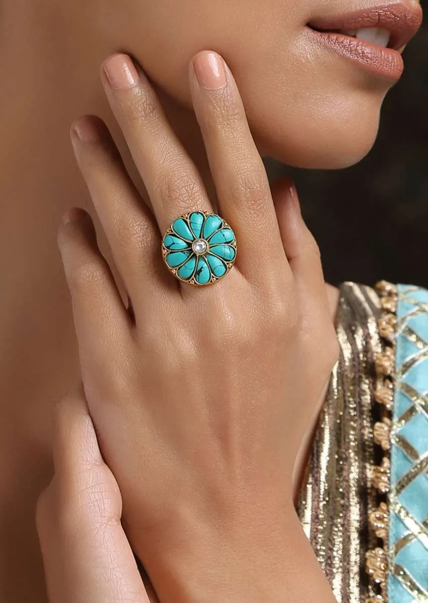 Gold Plated Cocktail Ring With Turquoise Stones And Kundan Arranged In A Flower Shape By Paisley Pop
