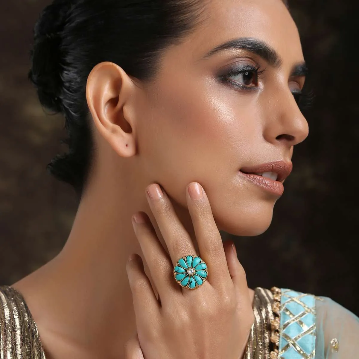 Gold Plated Cocktail Ring With Turquoise Stones And Kundan Arranged In A Flower Shape By Paisley Pop