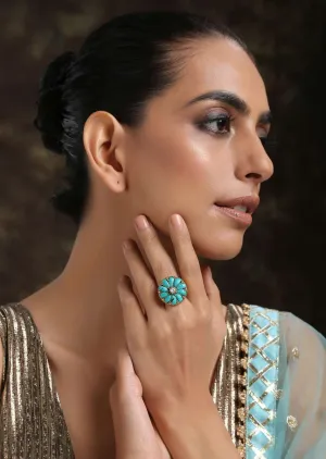 Gold Plated Cocktail Ring With Turquoise Stones And Kundan Arranged In A Flower Shape By Paisley Pop