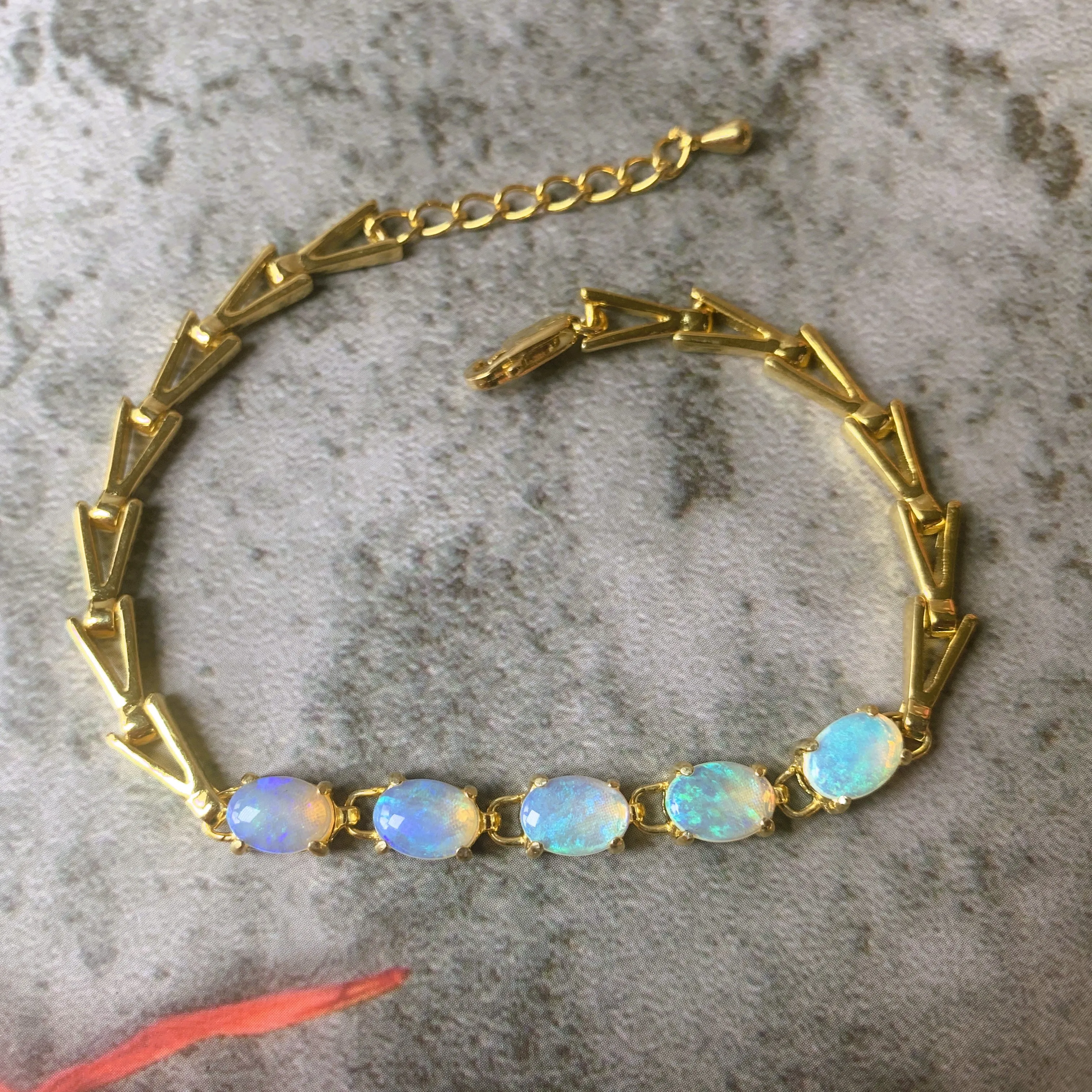 Gold plated silver 5 White opal 8x6mm bracelet