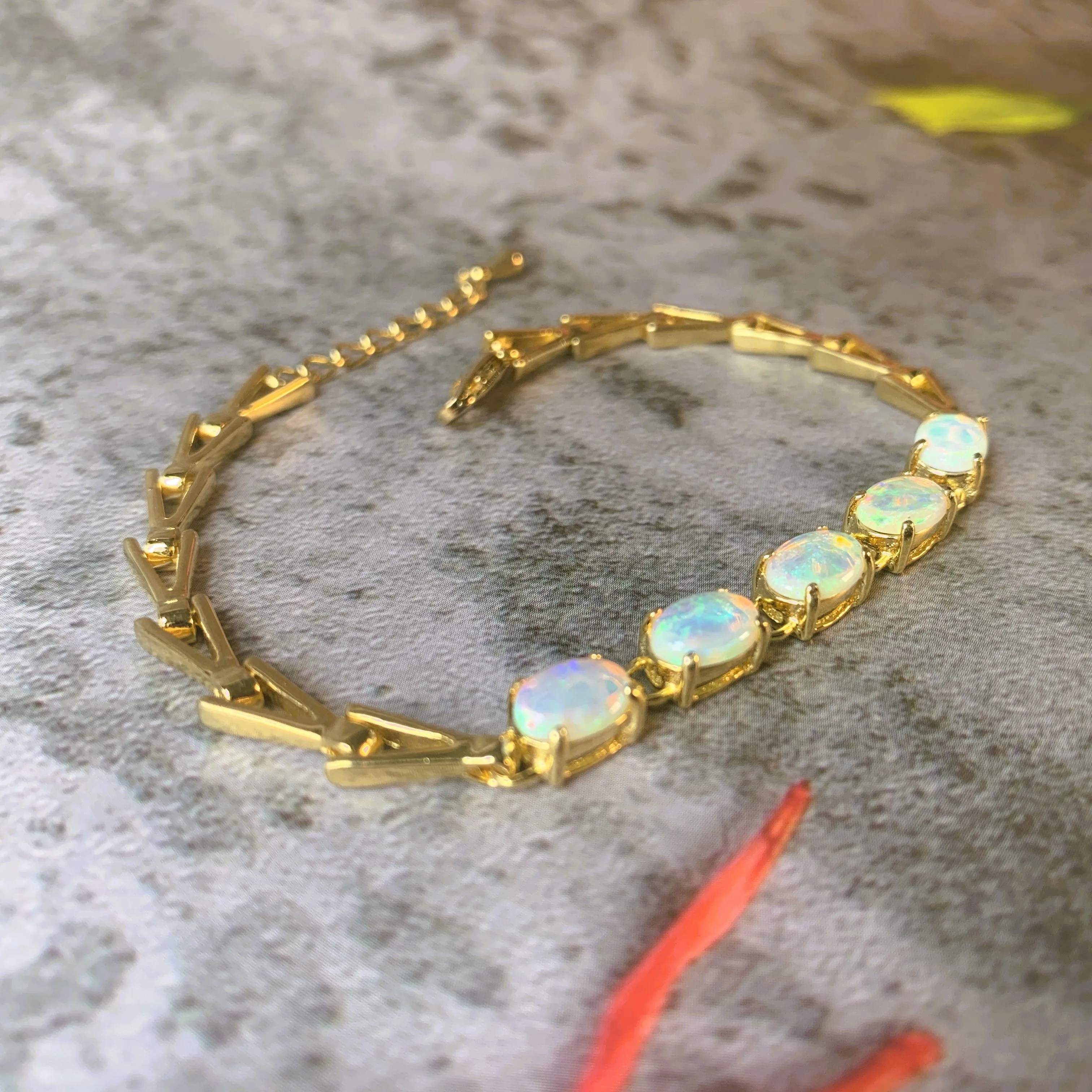 Gold plated silver 5 White opal 8x6mm bracelet