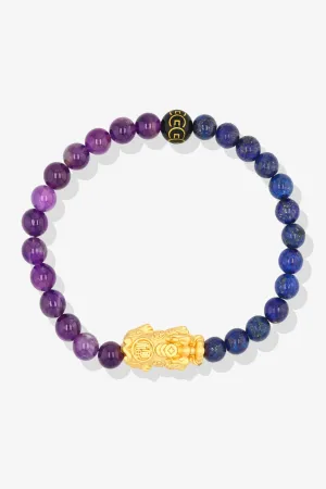 Lapis Lazuli and Grade A Amethyst Mega Fortune 18k Gold Vermeil Pixiu Feng Shui Bracelet