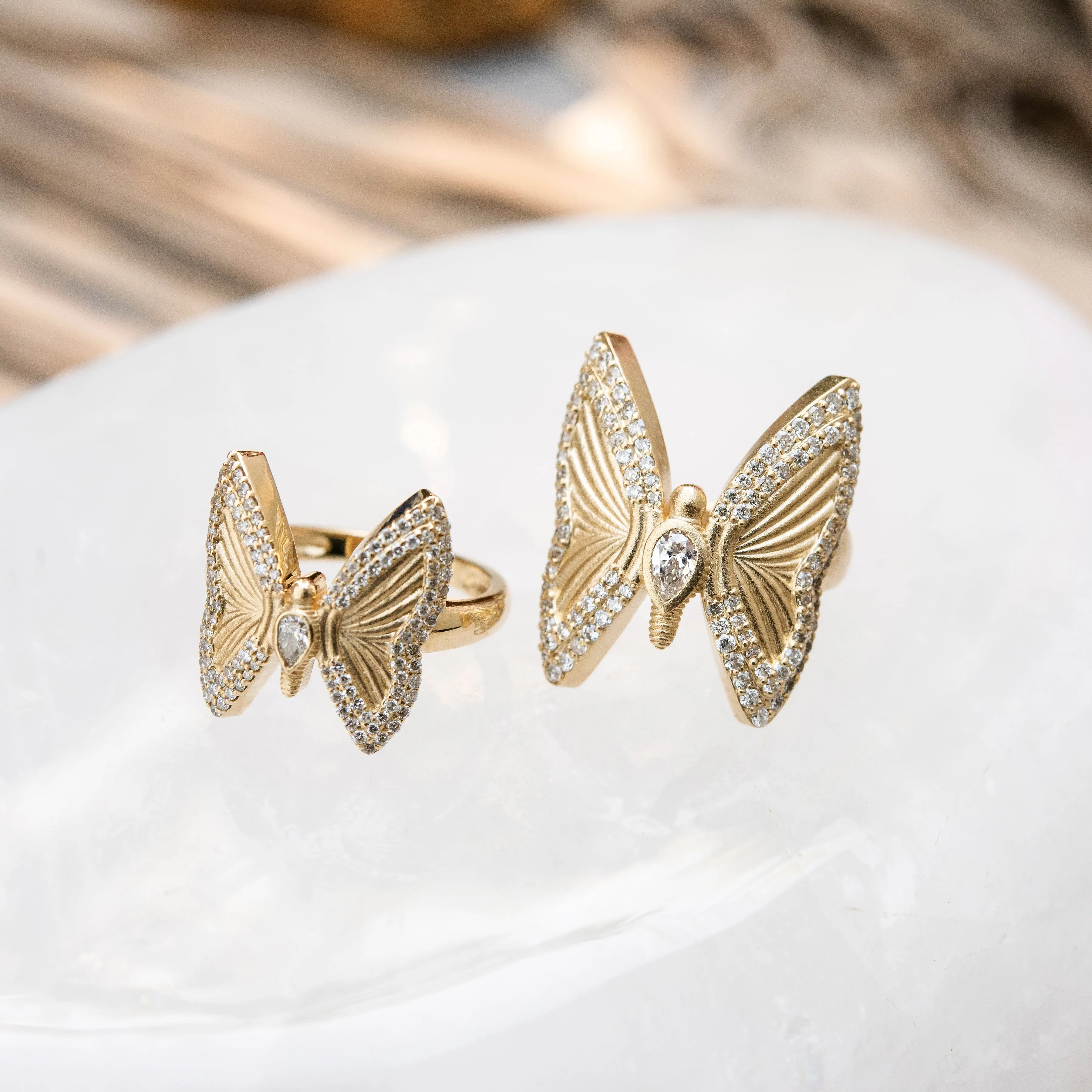 LARGE PAVE TEARDROP DIAMOND CENTER BUTTERFLY RING