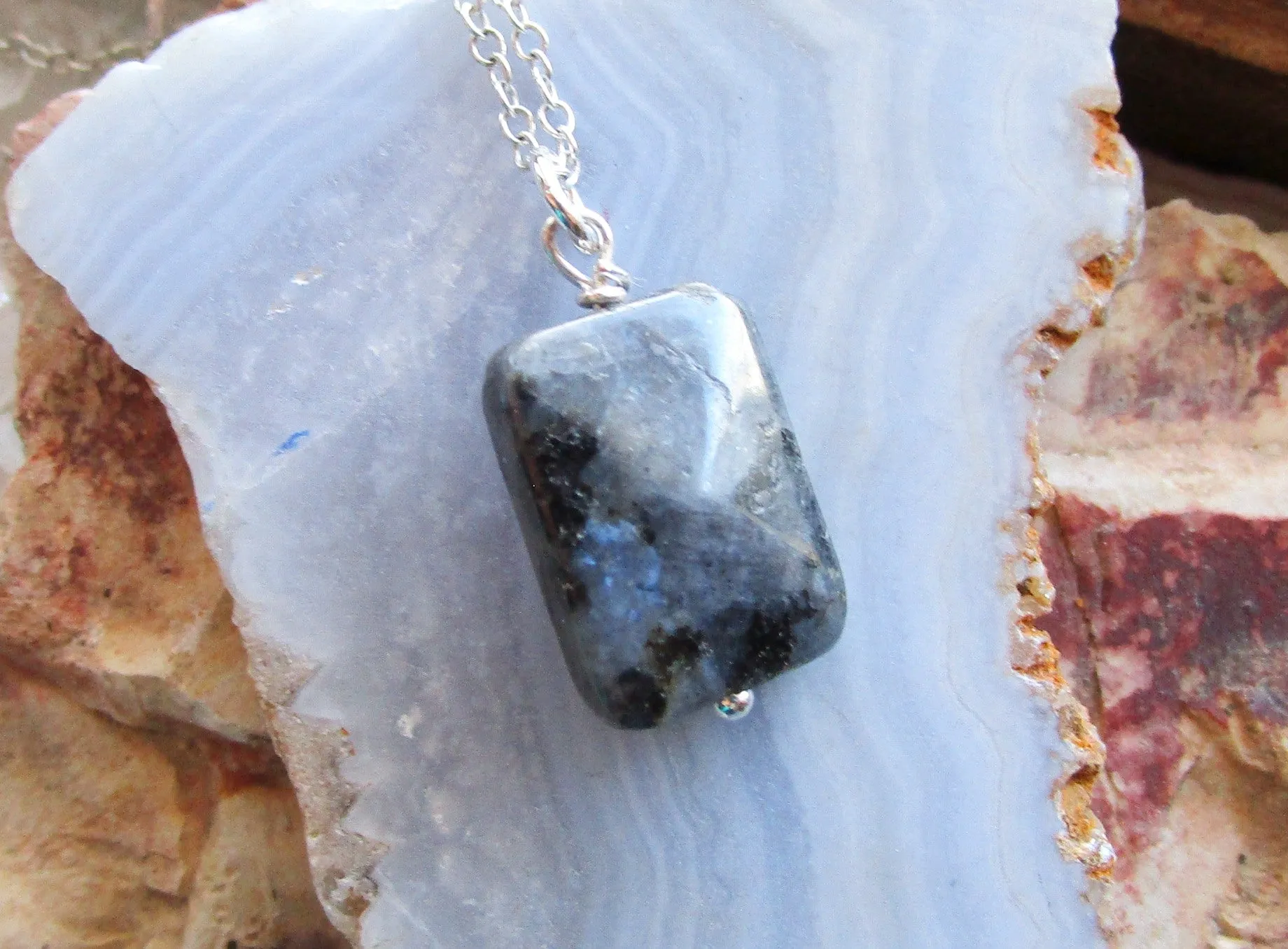 Larvikite Natural Gemstone Faceted Crystal Pendant Necklace