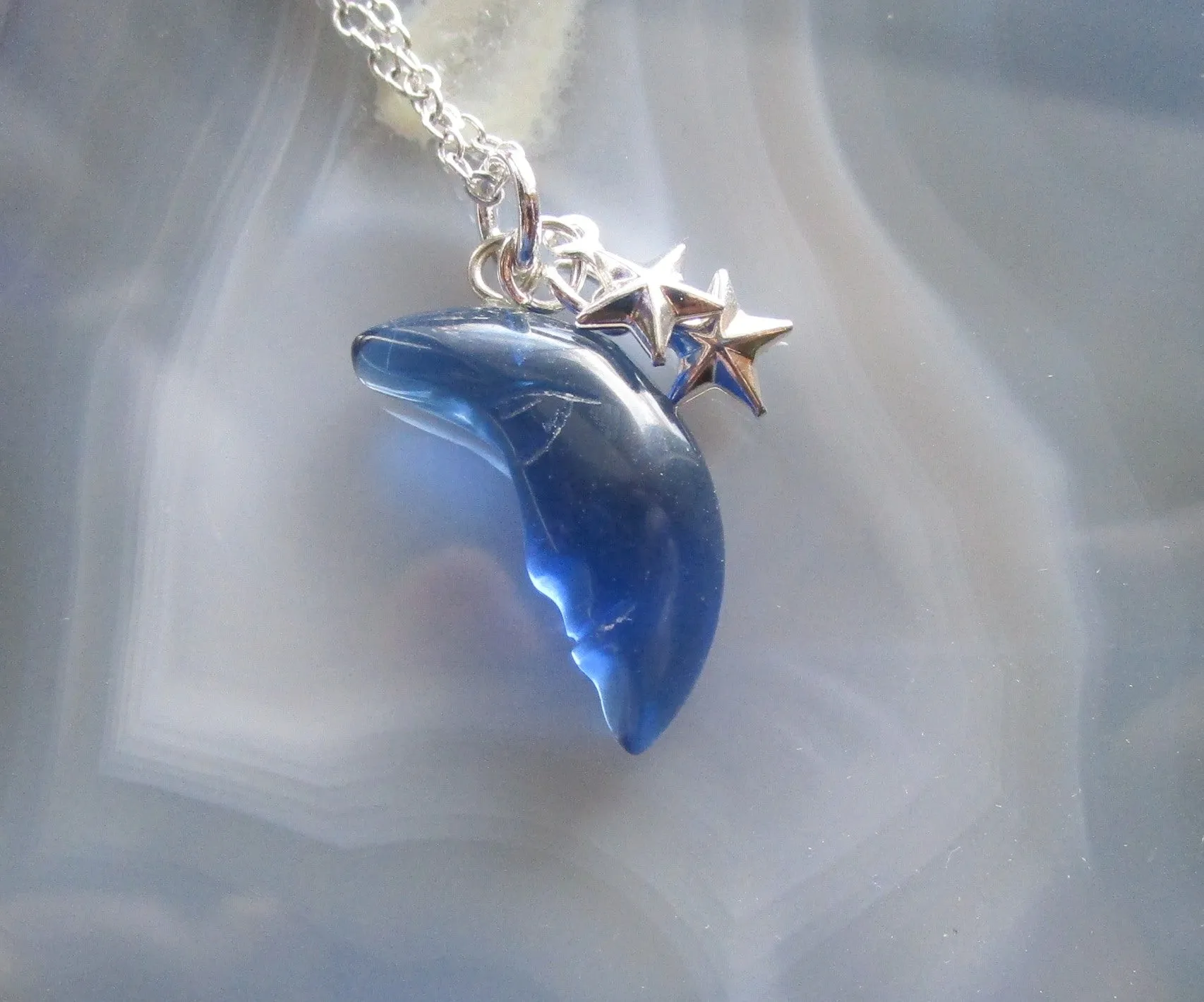 London Blue Moon Quartz Silver Stars Celestial Pendant Necklace