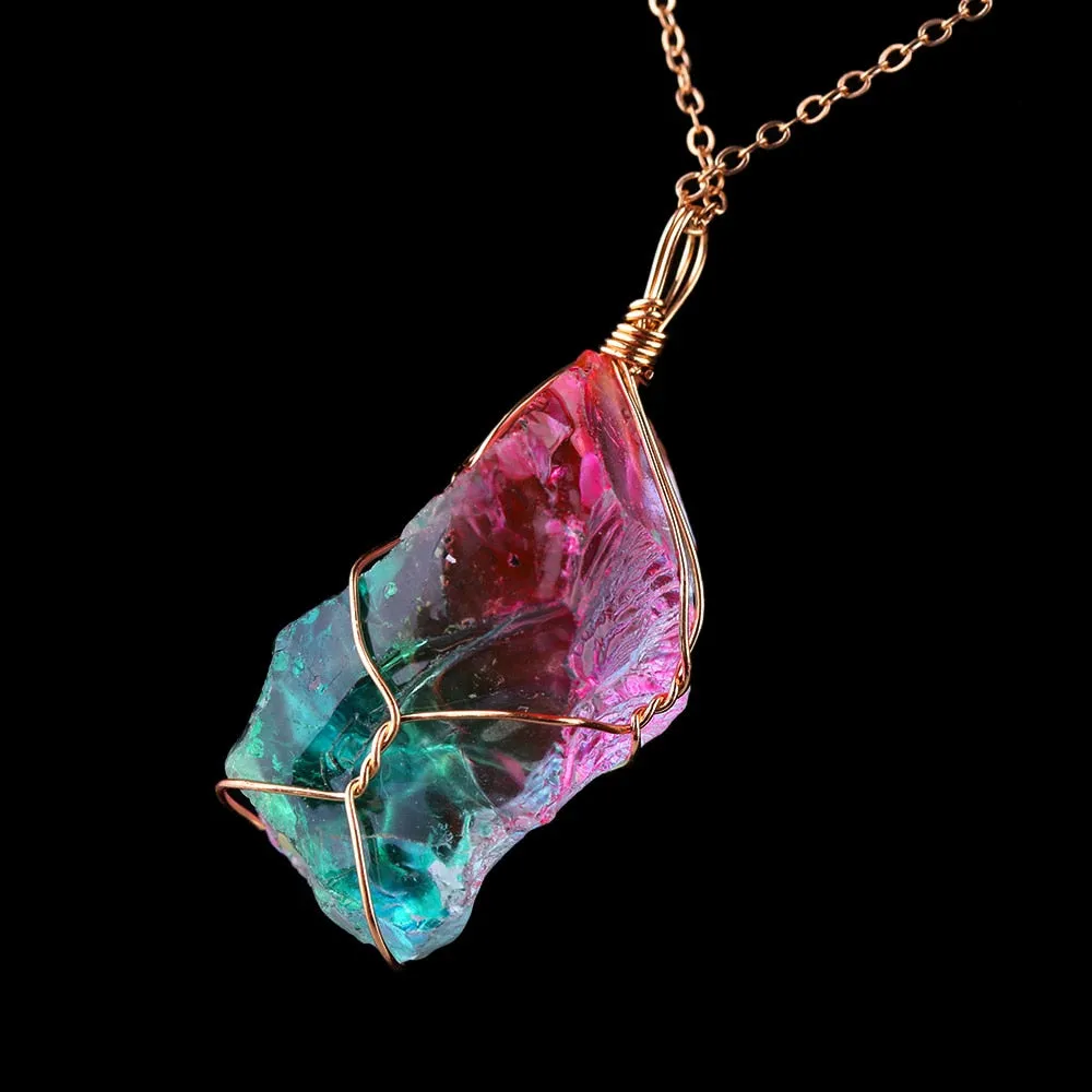 Natural Crystal Irregular Colorful Rainbow Stone Quartz Gold Plated Chakra Rock Pendant Necklace For Women