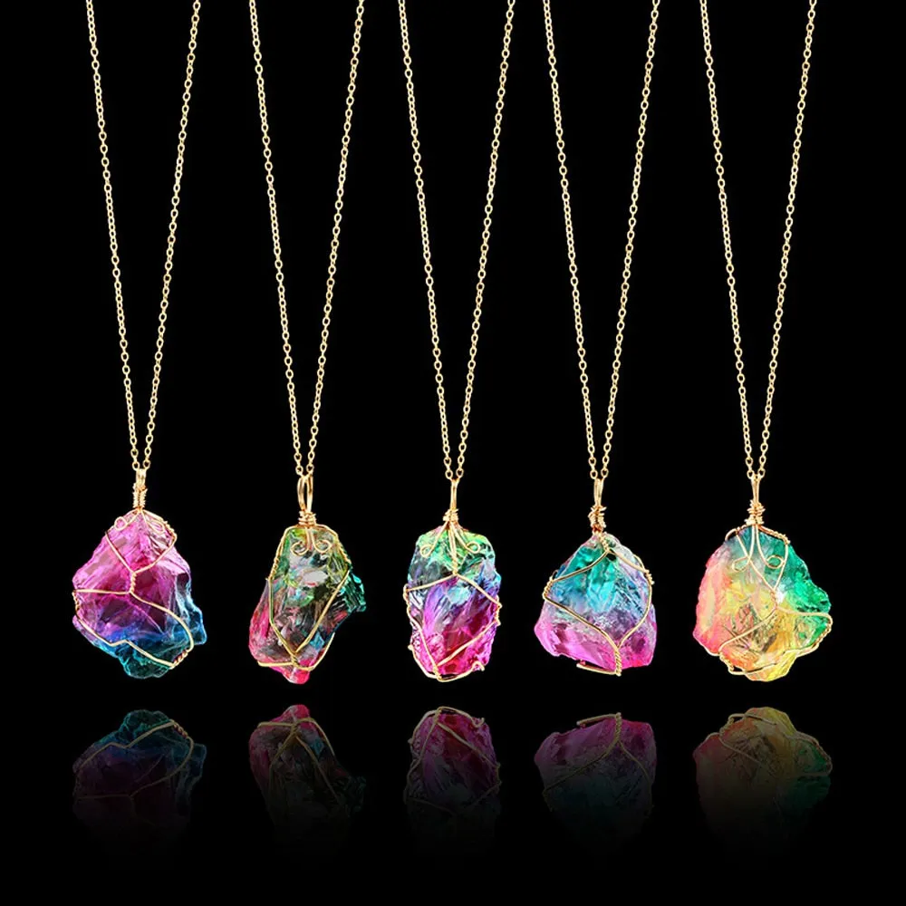 Natural Crystal Irregular Colorful Rainbow Stone Quartz Gold Plated Chakra Rock Pendant Necklace For Women