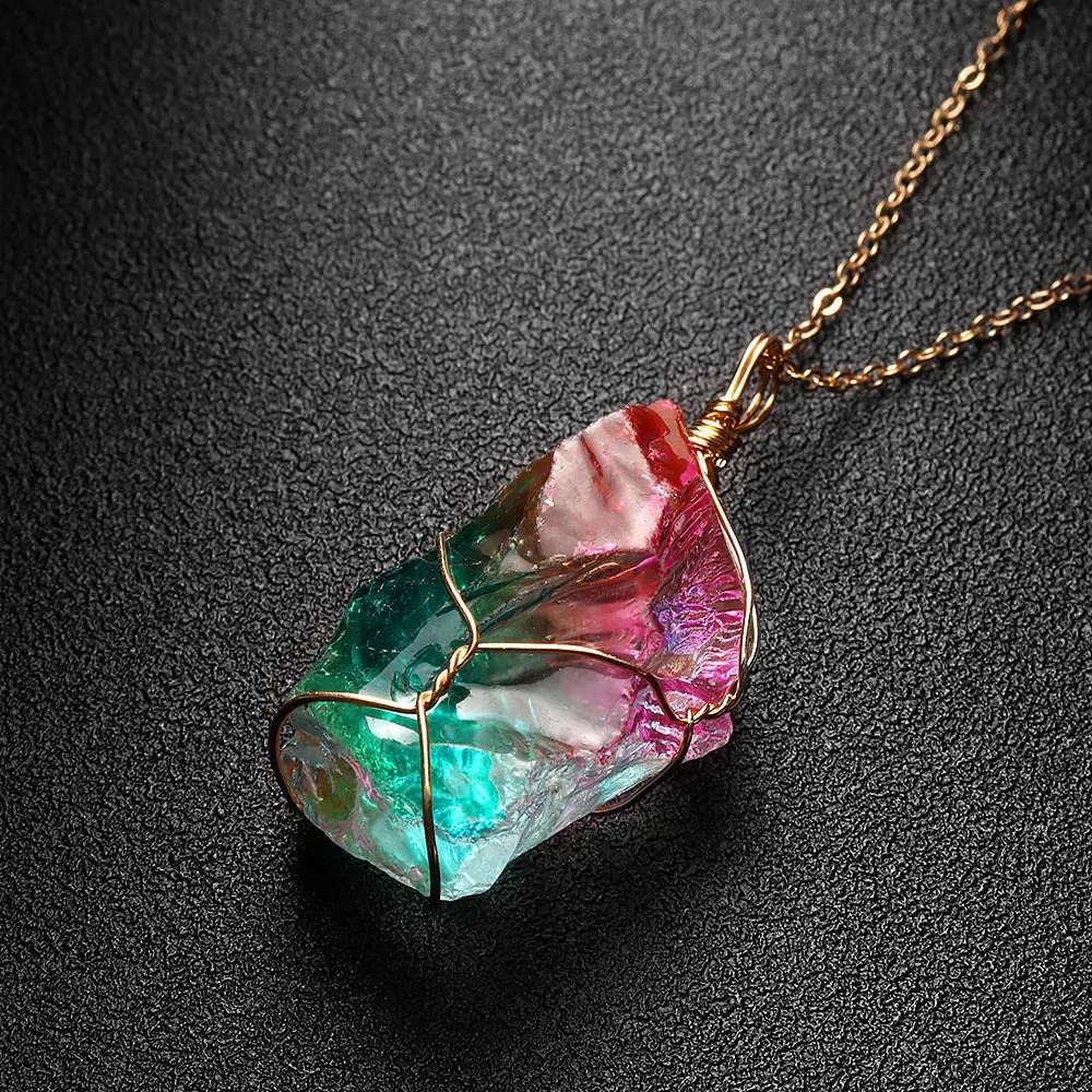Natural Crystal Irregular Colorful Rainbow Stone Quartz Gold Plated Chakra Rock Pendant Necklace For Women