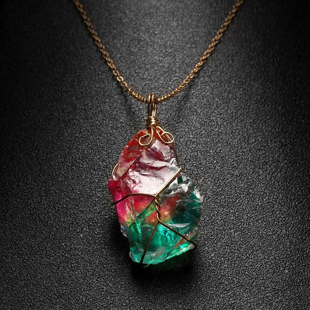 Natural Crystal Irregular Colorful Rainbow Stone Quartz Gold Plated Chakra Rock Pendant Necklace For Women