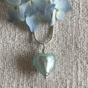 Necklace with aqua (blue) Murano glass small heart pendant on silver snake chain