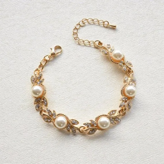 Pearl Rhinestone Gold Bridal Bracelet, Grecian Crystal Leaf Bracelet, Grecian Victorian Vintage Rhinestone Bracelet, Art Deco Pearl Bracelet