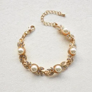 Pearl Rhinestone Gold Bridal Bracelet, Grecian Crystal Leaf Bracelet, Grecian Victorian Vintage Rhinestone Bracelet, Art Deco Pearl Bracelet
