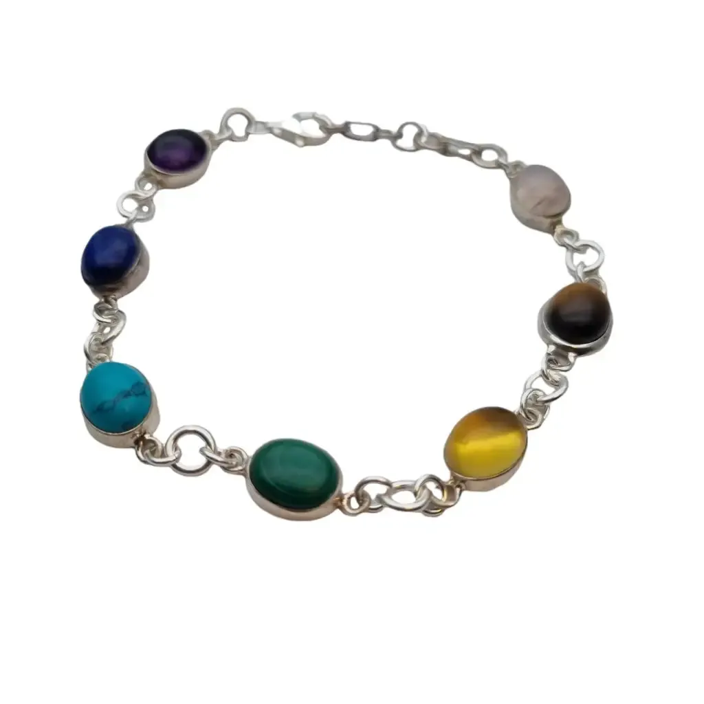 Silver chakra bracelet with natural stones for women, boho style.