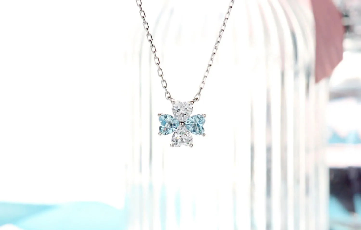 Sterling Silver Clover Aquamarine Pendant Necklace March Birthstone Pendant Necklace