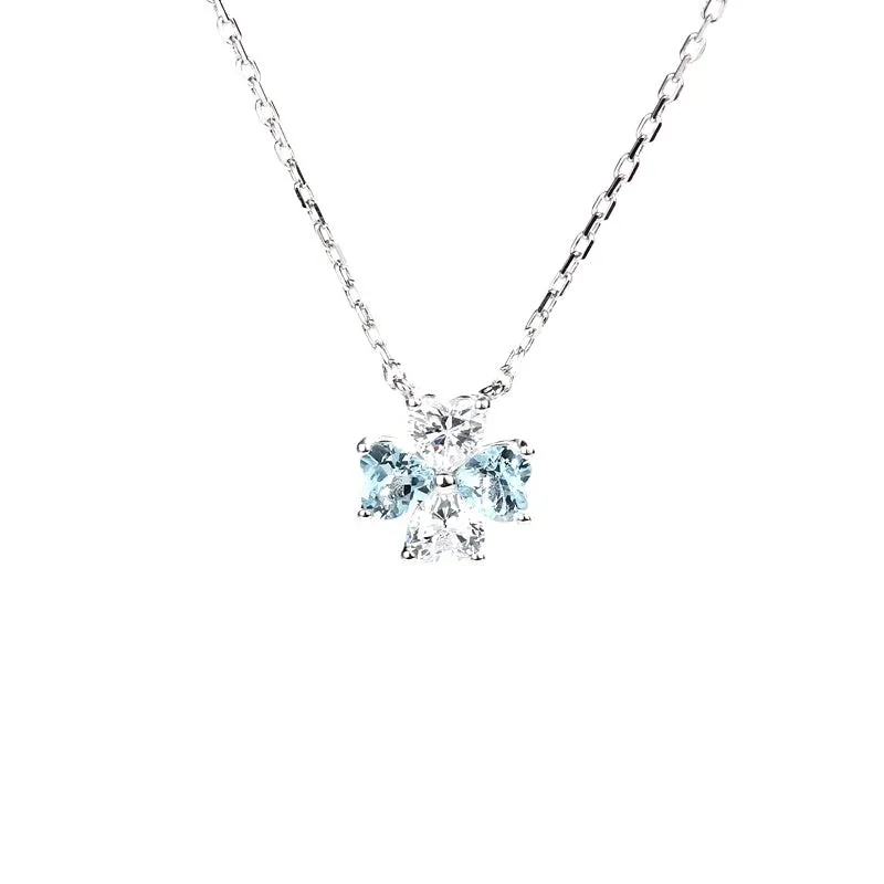 Sterling Silver Clover Aquamarine Pendant Necklace March Birthstone Pendant Necklace