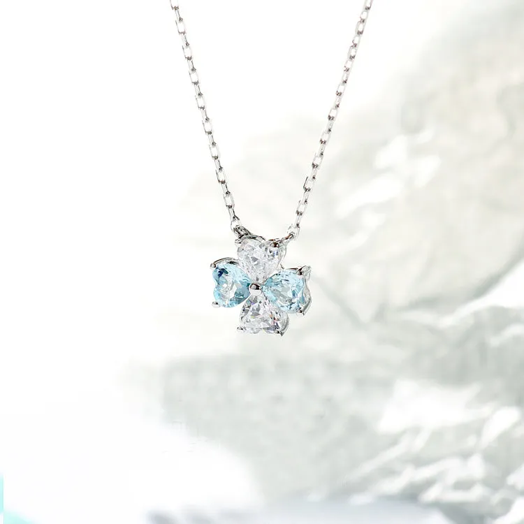 Sterling Silver Clover Aquamarine Pendant Necklace March Birthstone Pendant Necklace