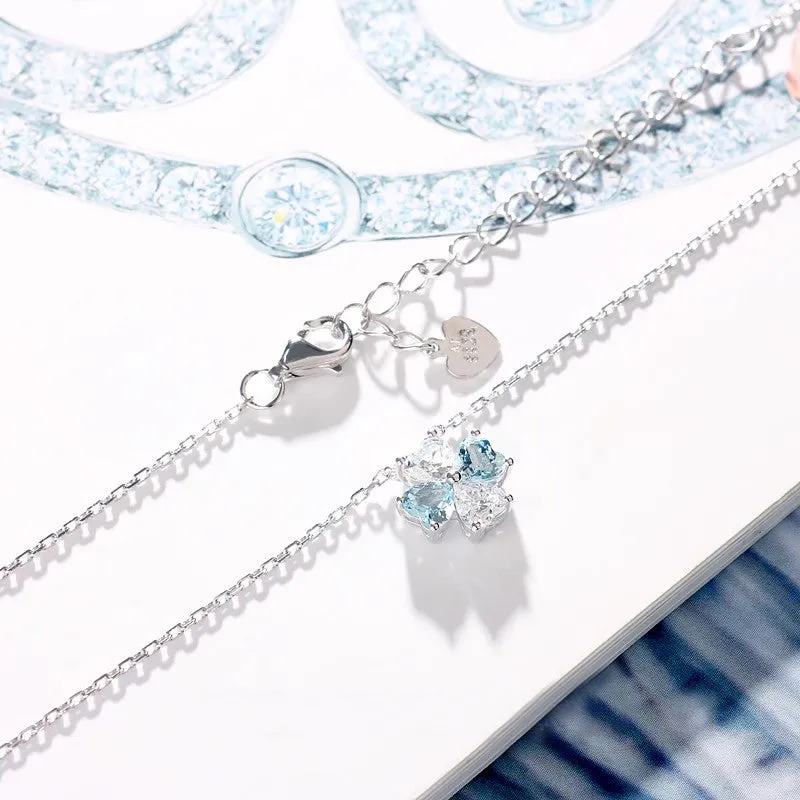Sterling Silver Clover Aquamarine Pendant Necklace March Birthstone Pendant Necklace
