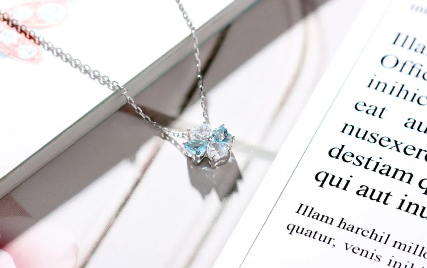 Sterling Silver Clover Aquamarine Pendant Necklace March Birthstone Pendant Necklace