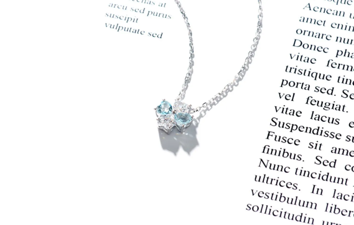 Sterling Silver Clover Aquamarine Pendant Necklace March Birthstone Pendant Necklace
