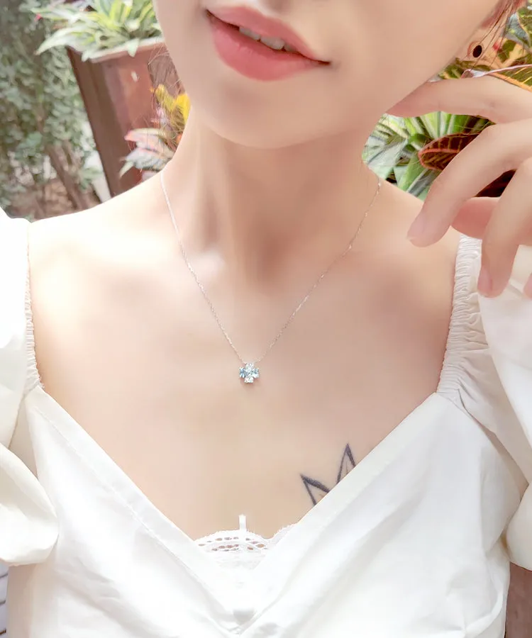 Sterling Silver Clover Aquamarine Pendant Necklace March Birthstone Pendant Necklace