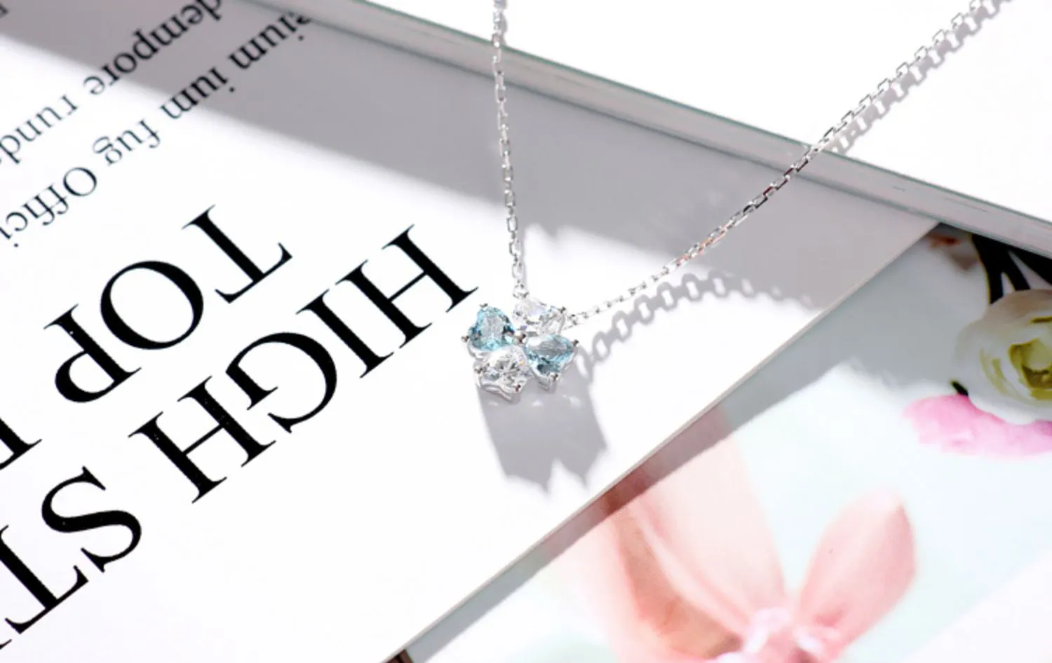 Sterling Silver Clover Aquamarine Pendant Necklace March Birthstone Pendant Necklace