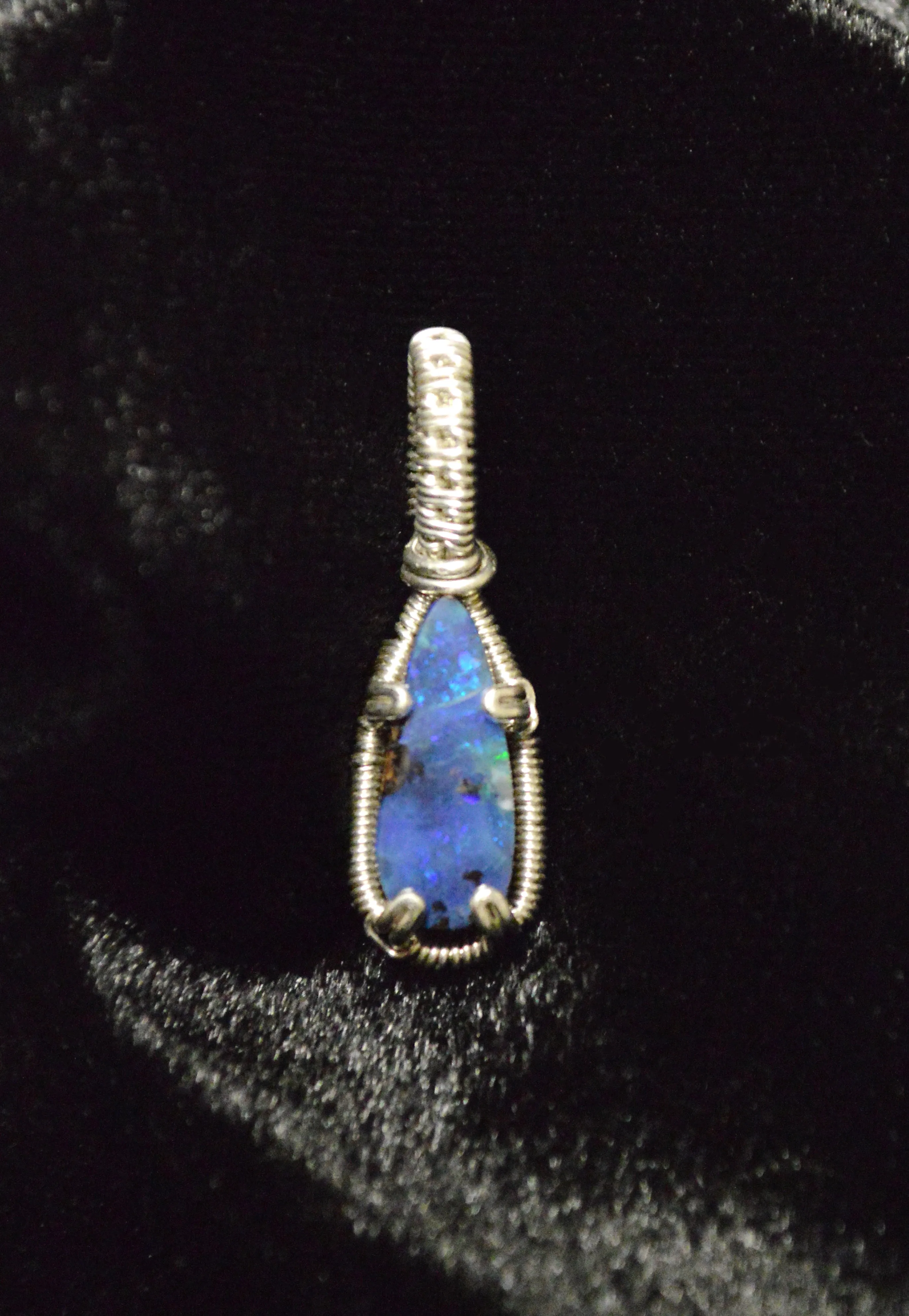 Sterling Silver Wire Wrapped Small Blue Australian Boulder Opal Necklace, Opal Jewelry